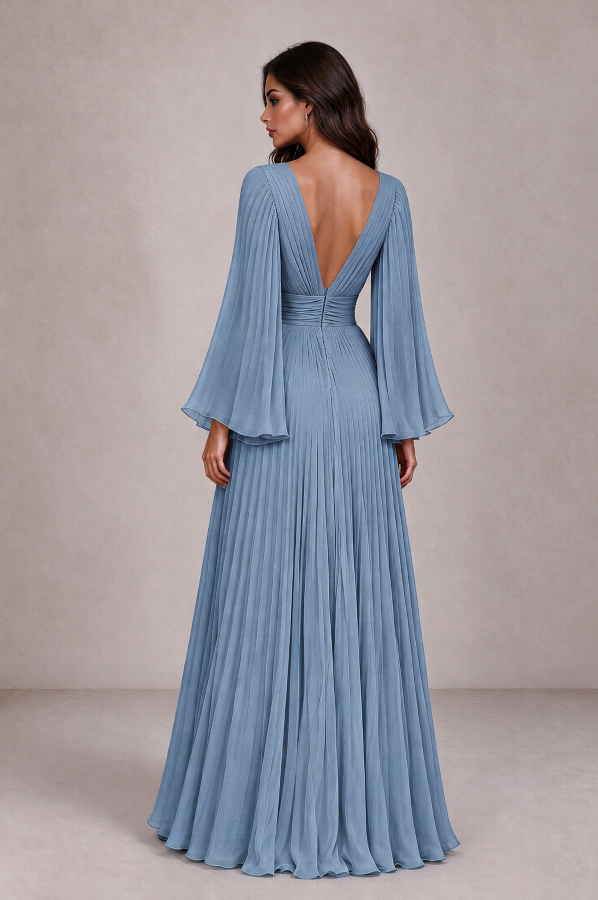 BOLODOO Dusty Blue Pleated Deep V-Neck Long Bell Sleeve Evening Dress - Dusty Blue - Dusty_Blue_2