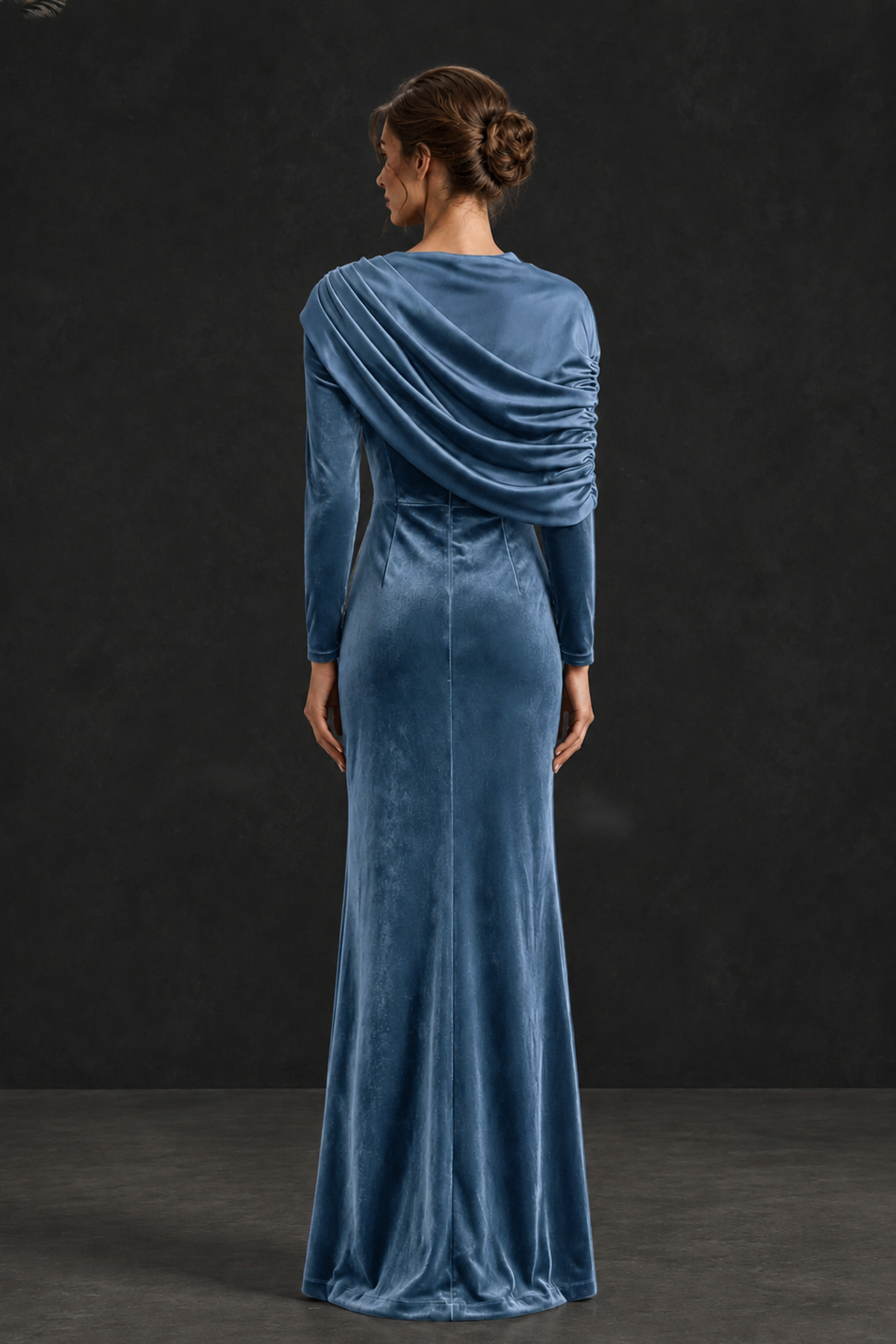 BOLODOO Dusty Blue Velvet Long Sleeve Draped Mother of the Bride Dress - Dusty Blue - Dusty_Blue_2