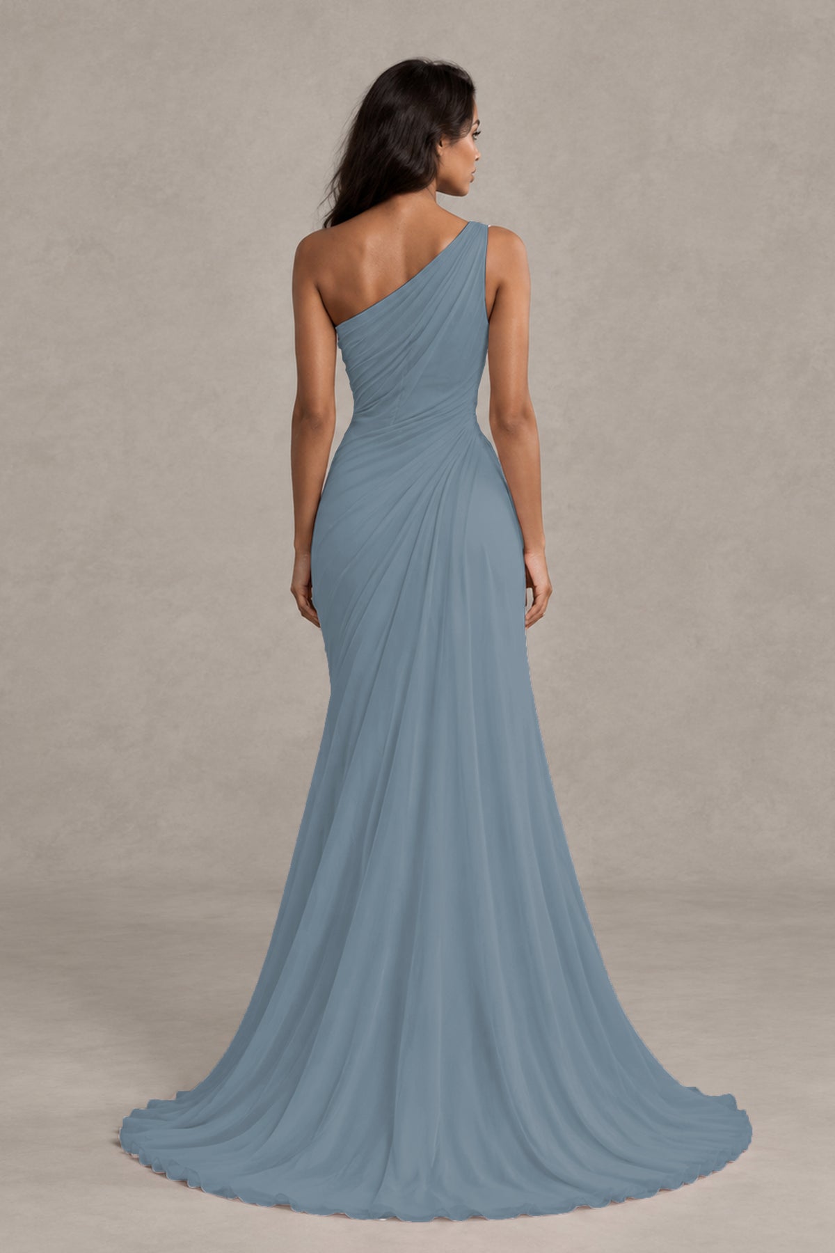 BOLODOO Dusty Blue One-Shoulder Floral Ruched Maxi Dress - Dusty Blue
