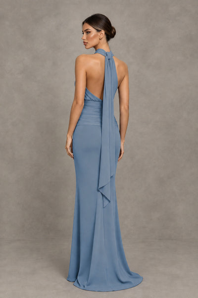 BOLODOO Dusty Blue Chiffon Halter Maxi Formal Wedding Guest Dress - Dusty Blue - Dusty Blue_2