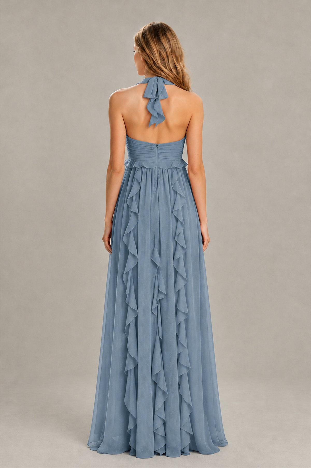 BOLODOO Dusty Blue Halter Ruffle A-Line Floor-Length Evening Dress - Dusty Blue - Dusty_Blue_2