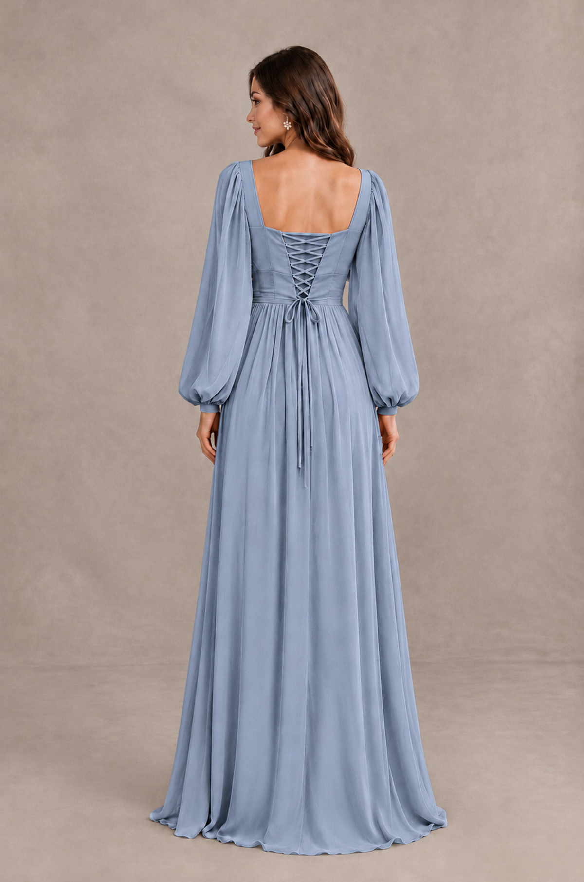 BOLODOO Dusty Blue Long Sleeve V-Neck A-Line Bridesmaid Dress - Dusty Blue - Dusty Blue_2