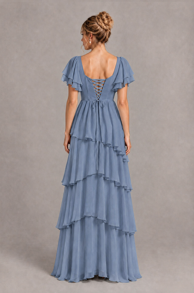 BOLODOO Dusty Blue Square Neck Flutter Sleeve Tiered Chiffon Bridesmaid Dress with Lace-Up Back - Dusty Blue - Dusty Blue_2