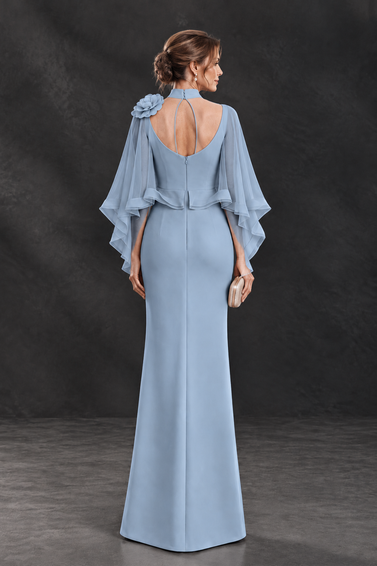 BOLODOO Dusty Blue Floral Cape Sleeve Mother of the Bride Dress - Dusty Blue - Dusty_Blue_2