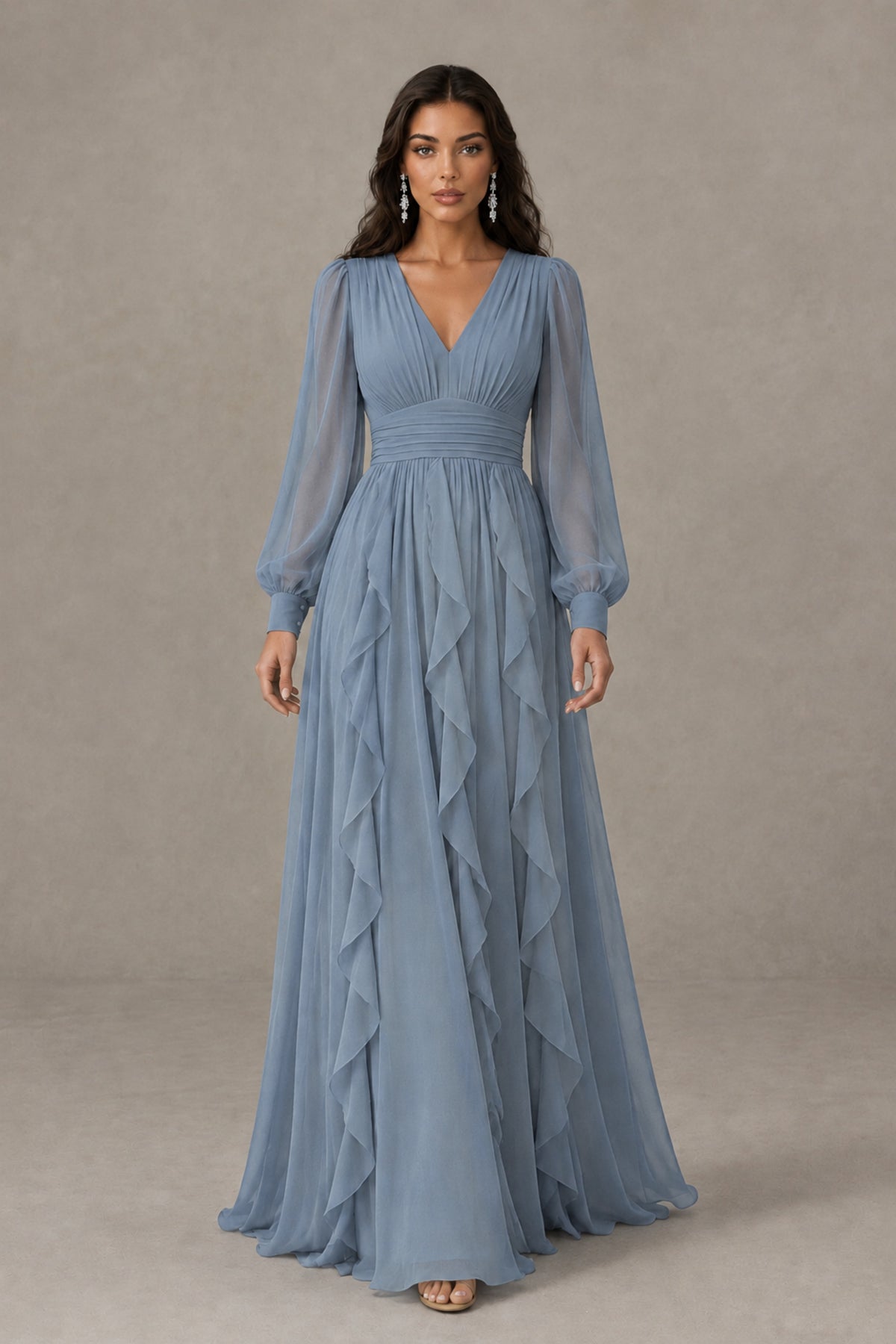BOLODOO Dusty Blue Long Sleeve V-Neck Ruffle Maxi Dress - Dusty Blue