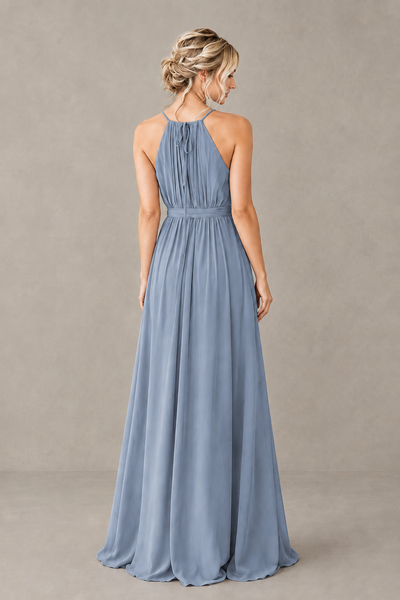 BOLODOO Dusty Blue Halter Chiffon Bridesmaid Dress with High Slit - Dusty Blue