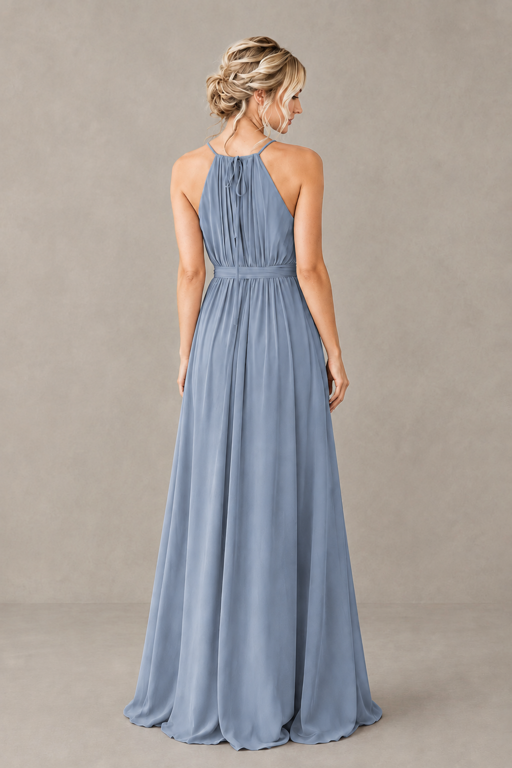 BOLODOO Dusty Blue Halter Chiffon Bridesmaid Dress with High Slit - Dusty Blue