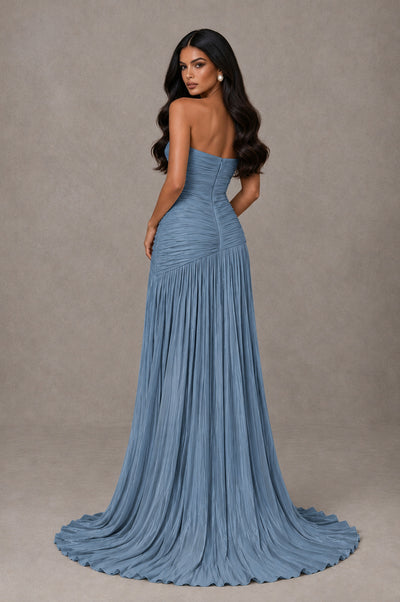 BOLODOO Dusty Blue Metallic Ruched Strapless Pleated A-Line Backless Maxi Dress with Train - Dusty Blue - Dusty Blue_2