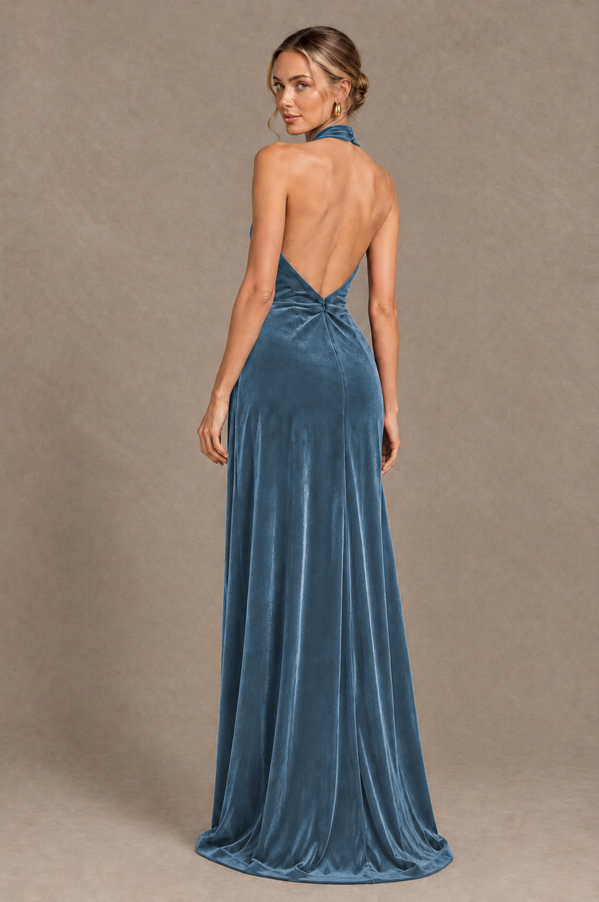 BOLODOO Dusty Blue Velvet Halter Open-Back Ruched Evening Dress - Dusty Blue - Dusty_Blue_2