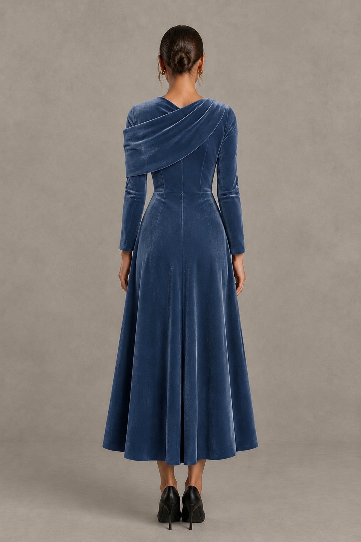 BOLODOO Dusty Blue Velvet-Look Long Sleeve Tea-Length A-Line Dress with Draped Neckline - Dusty Blue - Dusty Blue_2