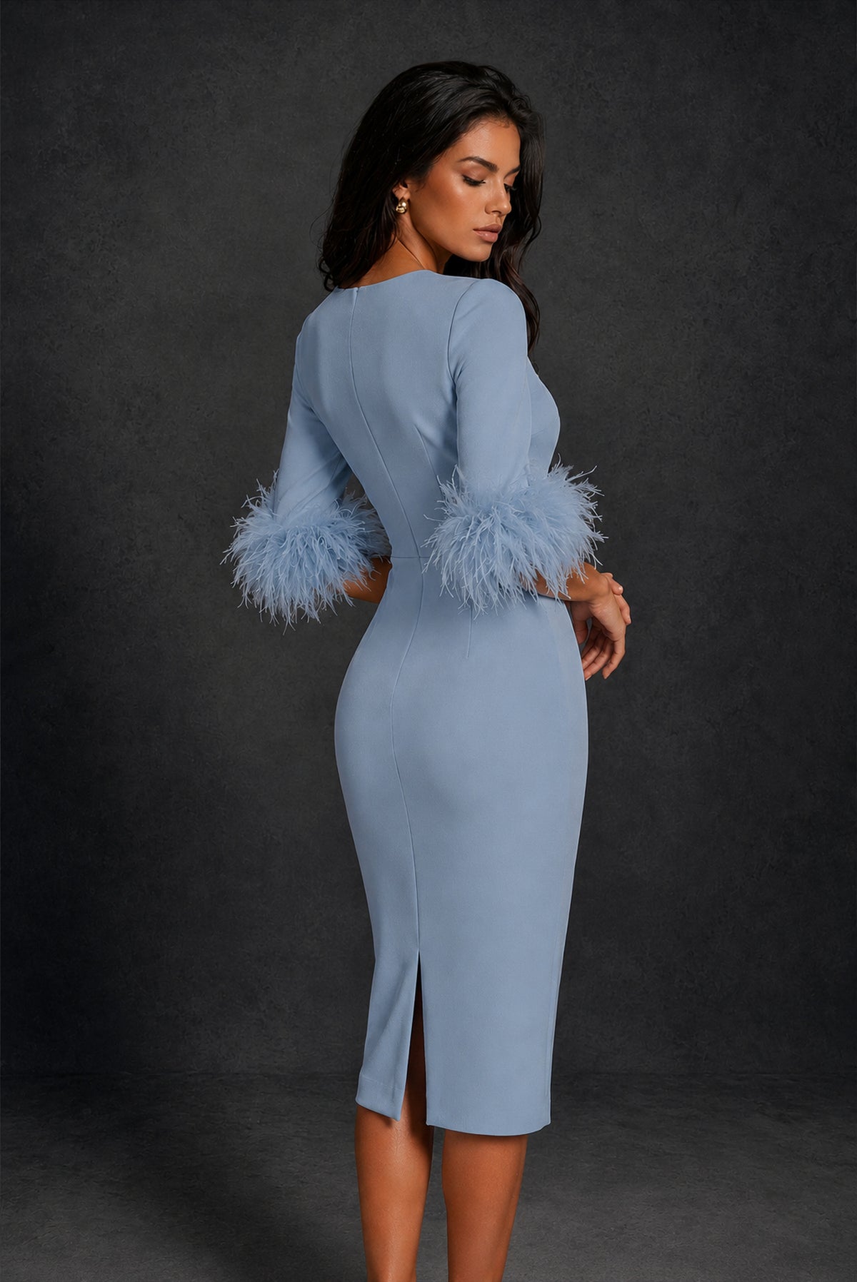 BOLODOO Dusty Blue Ostrich Feather Cuff 3/4 Sleeve Round Neck Bodycon Midi Dress with Back Slit - Dusty Blue