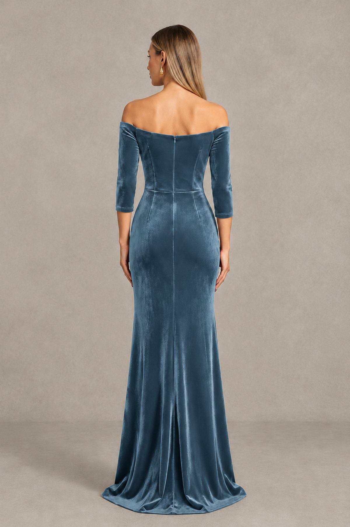 BOLODOO Dusty Blue Off-Shoulder Velvet Evening Dress with High Slit - Dusty Blue - Dusty_Blue_2