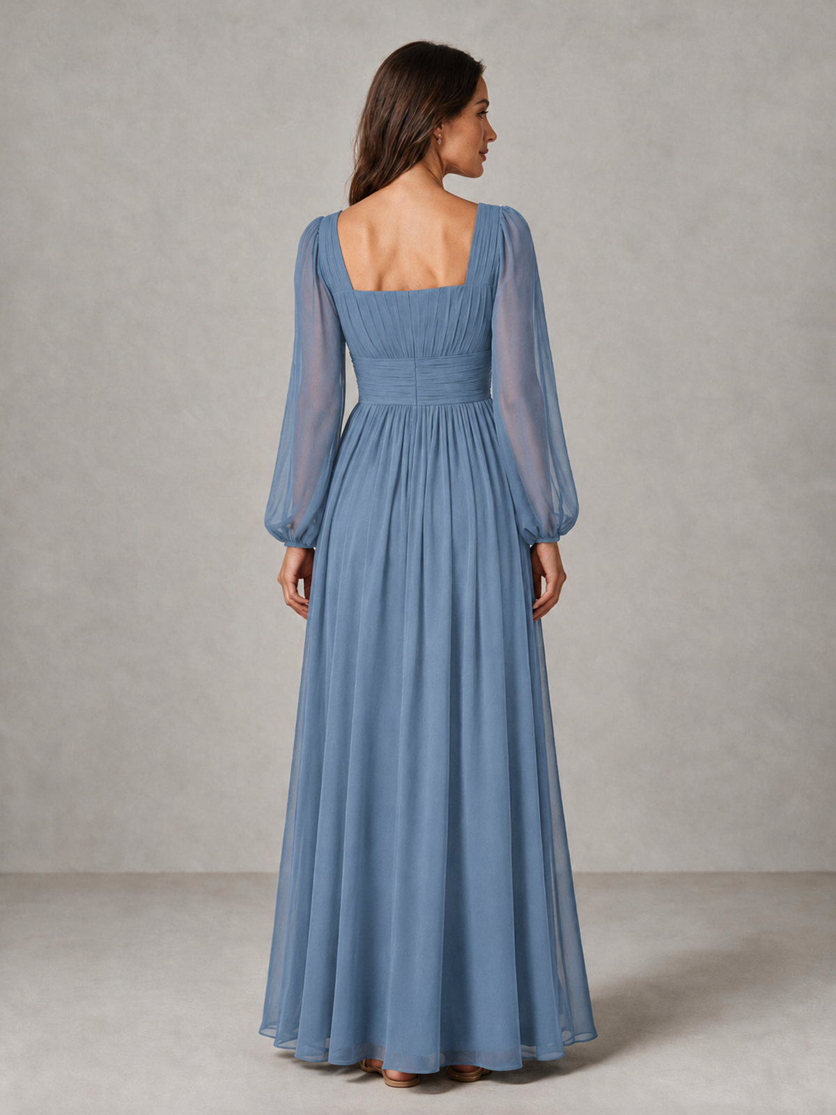 BOLODOO Dusty Blue Square Neck Long Sleeve Chiffon Bridesmaid Dress - Dusty Blue - Dusty Blue_2