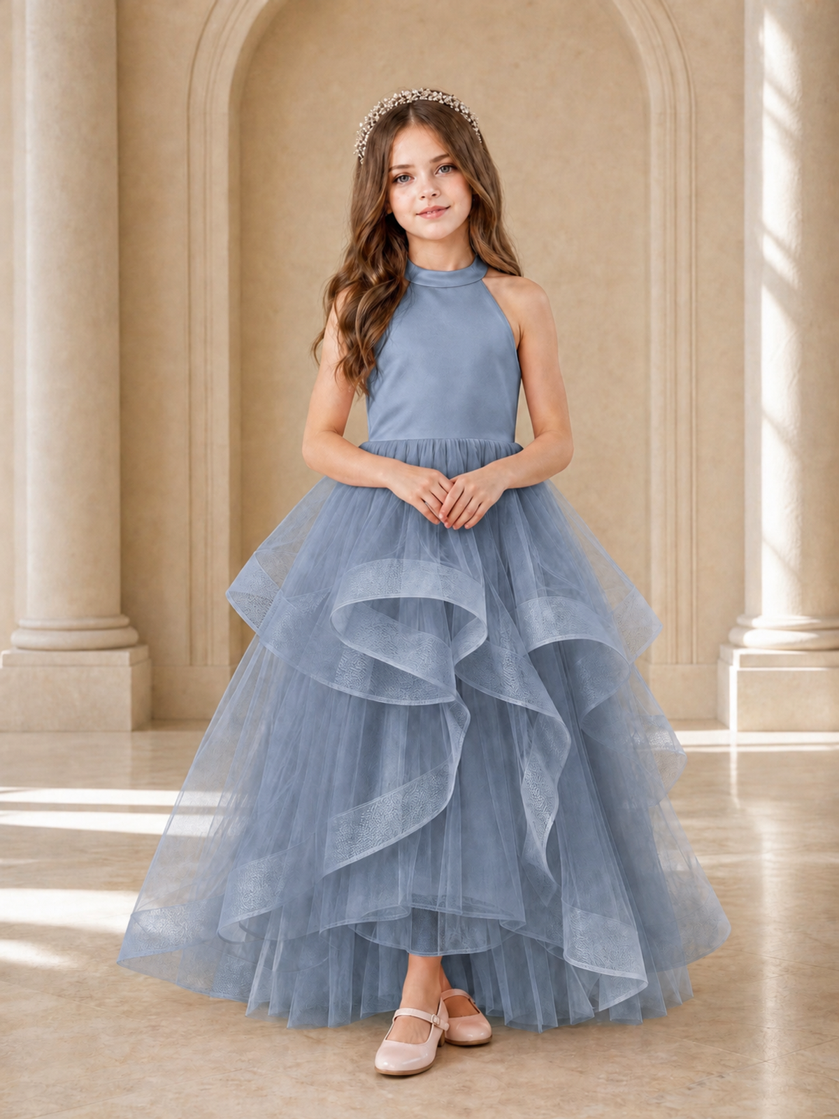 BOLODOO Dusty Blue Halter Tiered Tulle Flower Girl Dress with Bow Back - Dusty Blue - Dusty Blue_2