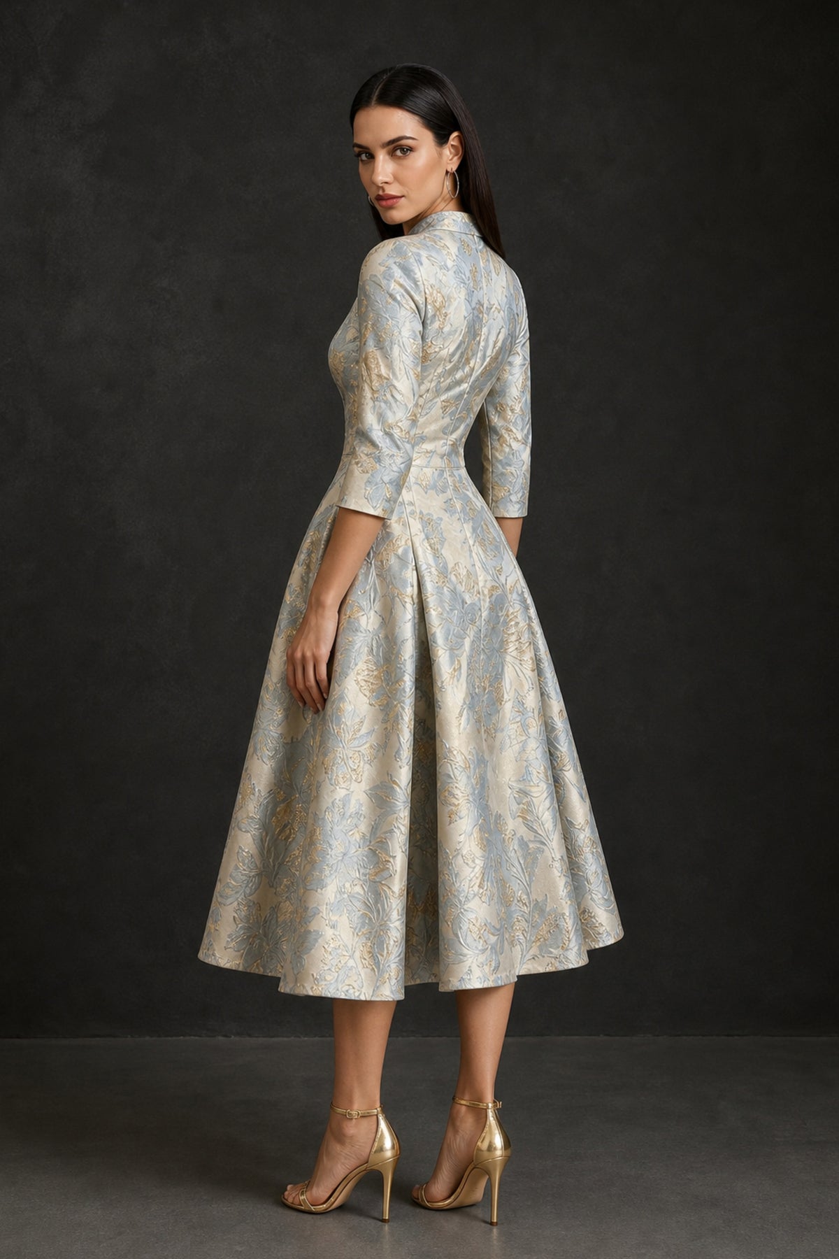 BOLODOO Dusty Blue Floral Jacquard Wrap Midi Dress with Three-Quarter Sleeves - Dusty Blue