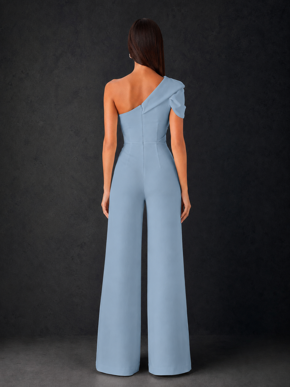 BOLODOO Dusty Blue One-Shoulder Puff Sleeve Wide-Leg Jumpsuit with Front Slit and Open Back - Dusty Blue
