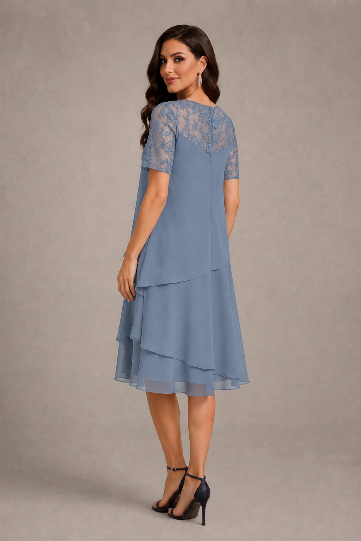 BOLODOO Dusty Blue Illusion Lace Short Sleeve Tiered Chiffon Tea Length Dress | Mother of the Bride Midi Dress - Dusty Blue