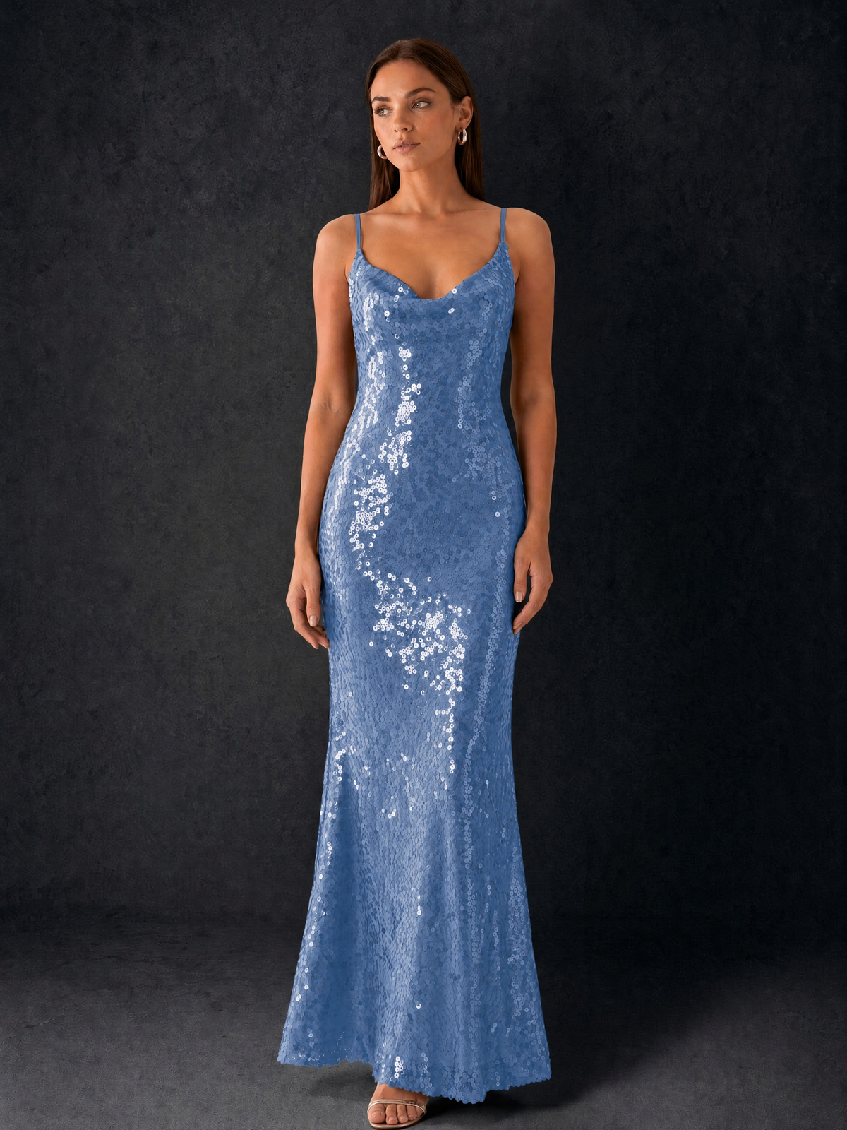 BOLODOO Bronze Sequin Cowl Neck Spaghetti Strap Mermaid Maxi Dress with Open Criss-Cross Back - Dusty Blue - Dusty Blue