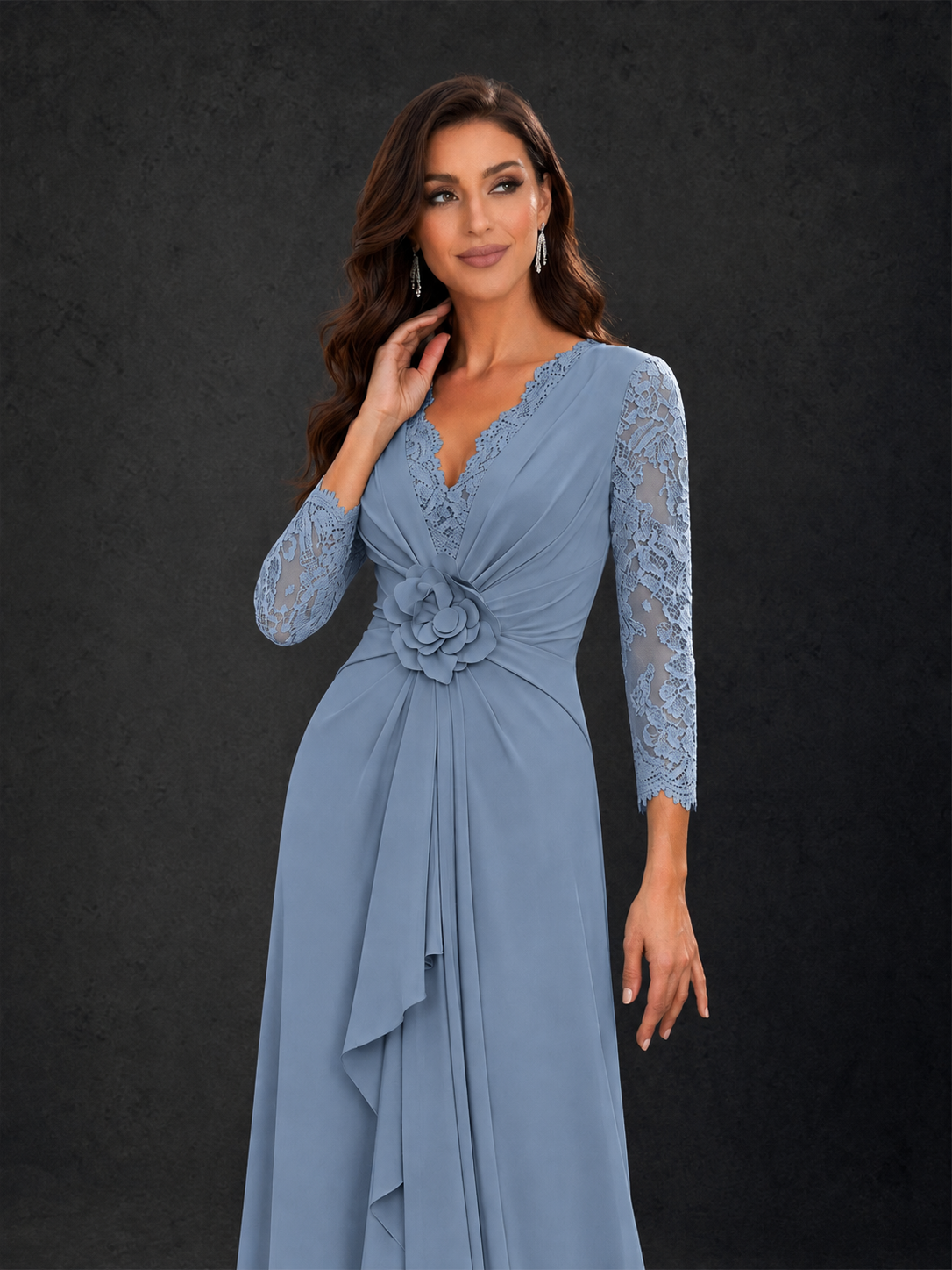 BOLODOO Dusty Blue Lace Sleeve V-Neck Floral Waist Chiffon A-Line Maxi Dress - Dusty Blue