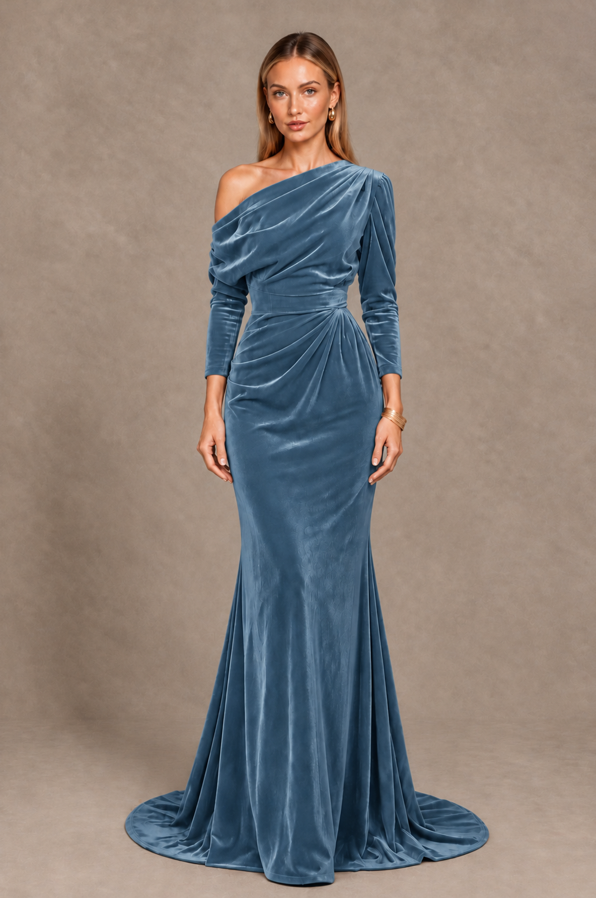 BOLODOO Dusty Blue Velvet Asymmetric Neck Mermaid Evening Dress - Dusty Blue - Dusty_Blue_3