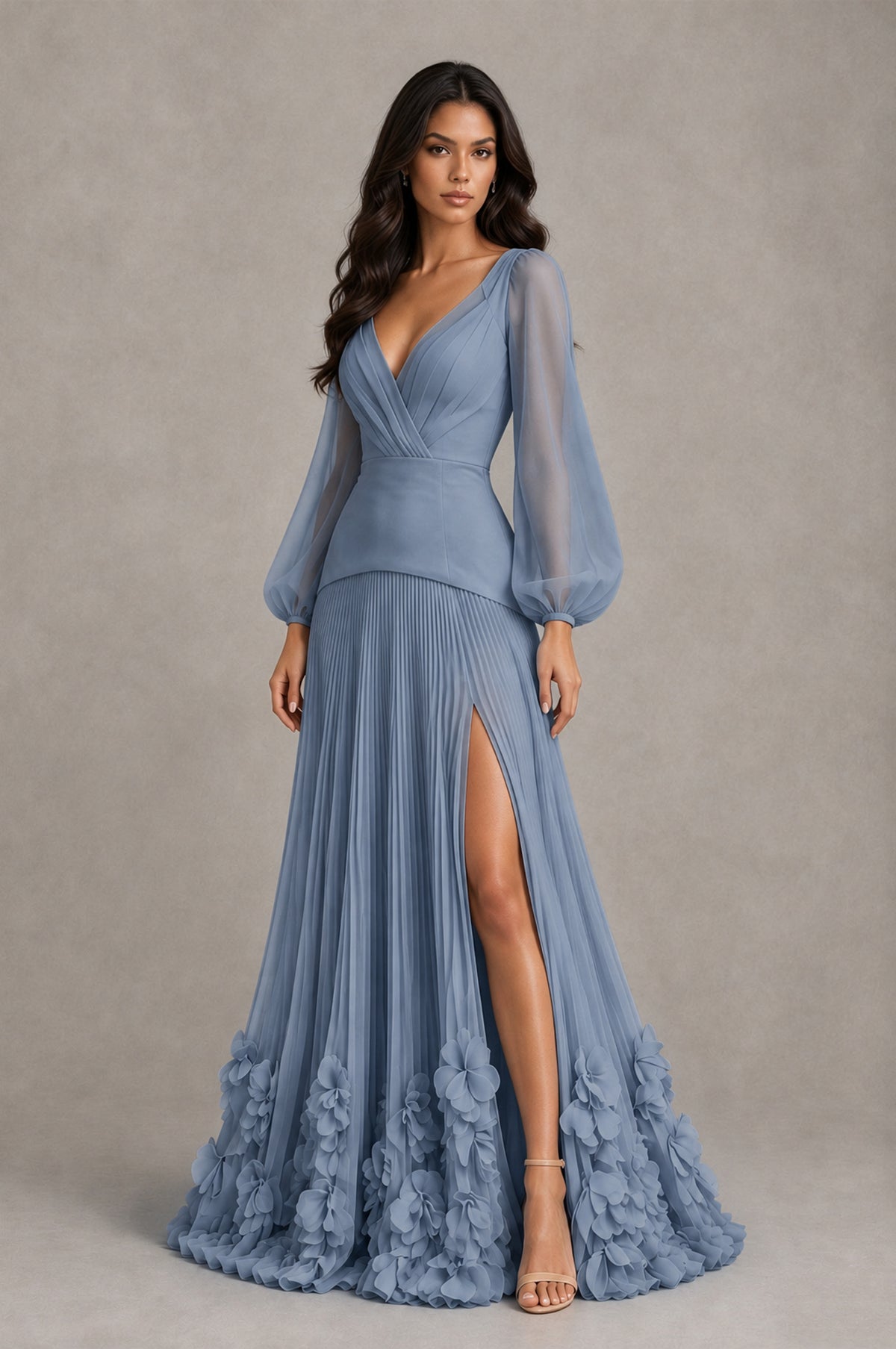 BOLODOO Dusty Blue V-Neck Long Sleeve Pleated Floral Hem Evening Dress - Dusty Blue - Dusty Blue_3