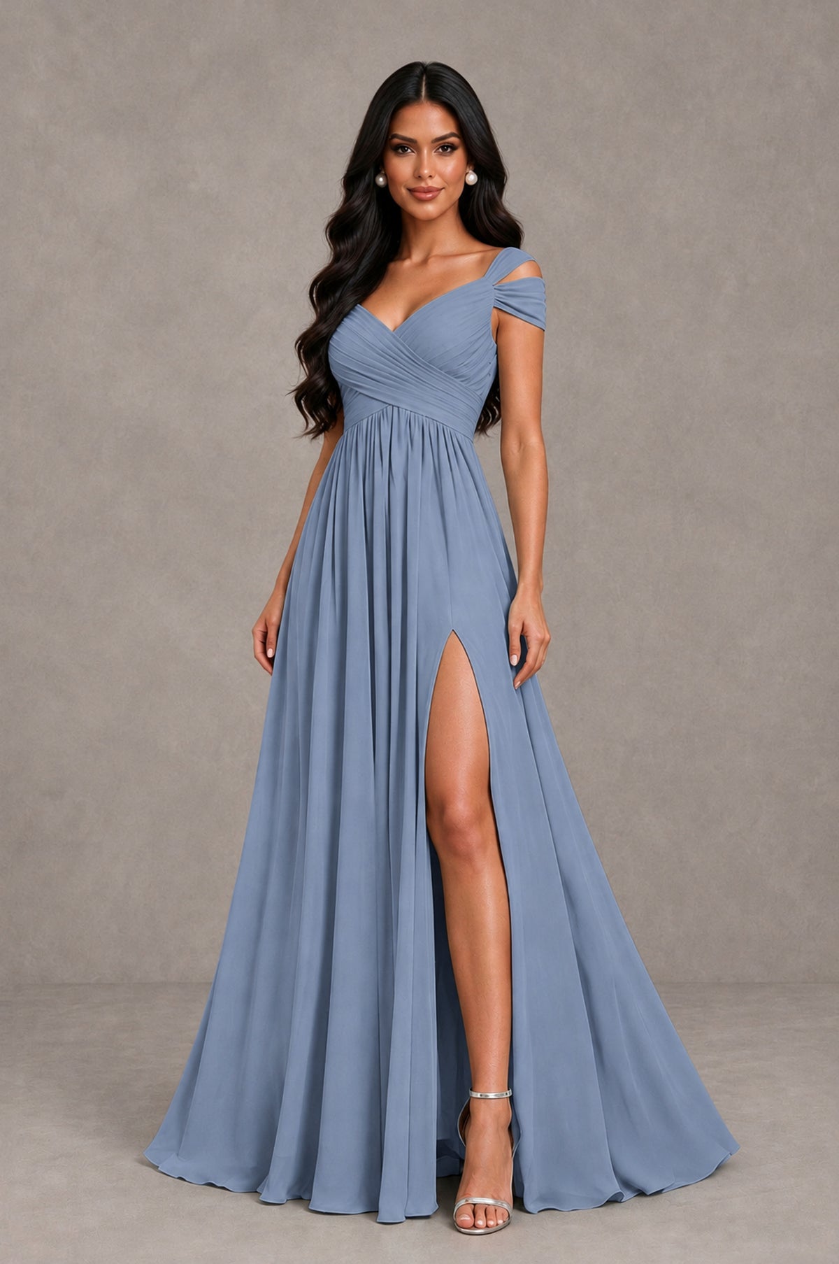 BOLODOO Dusty Blue Cold Shoulder Chiffon Evening Dress with V Neck and High Slit - Dusty Blue - Dusty Blue_3