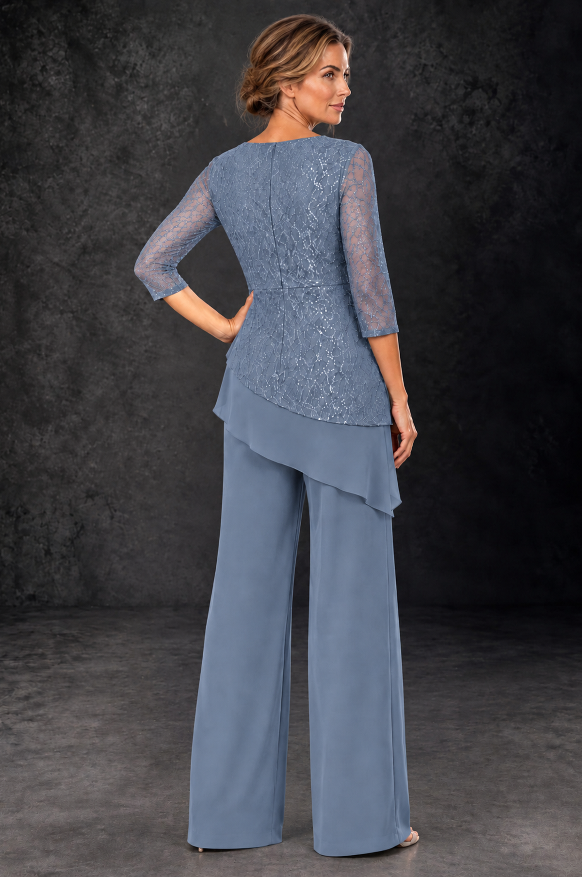 BOLODOO Dusty Blue Sequin Lace 3/4 Sleeve Chiffon Mother of the Bride Pant Suit - Dusty Blue - Dusty_Blue_3
