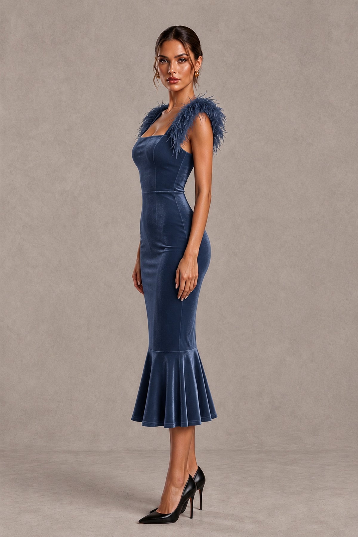 BOLODOO Dusty Blue Feather-Trim Velvet-Look Mermaid Midi Dress - Dusty Blue - Dusty Blue_3
