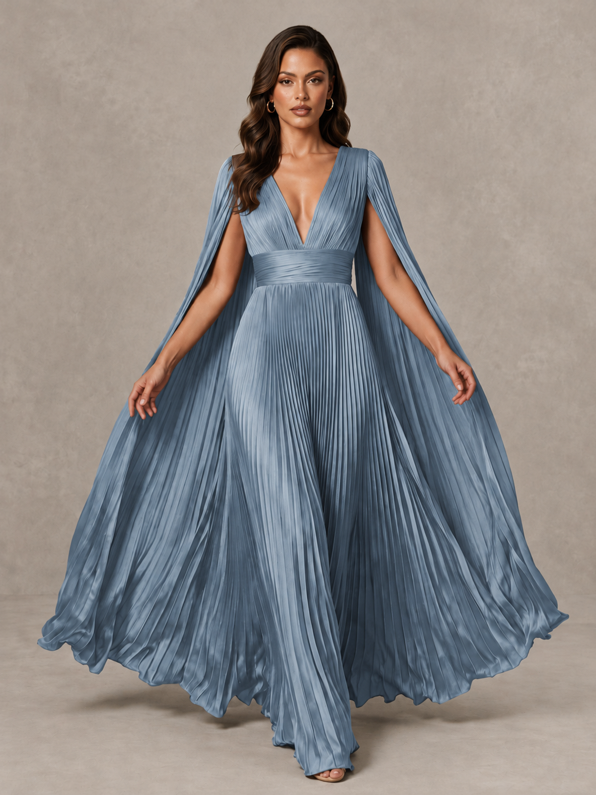 BOLODOO Dusty Blue Deep V-Neck Pleated Cape Sleeve Evening Gown - Dusty Blue - Dusty Blue_3