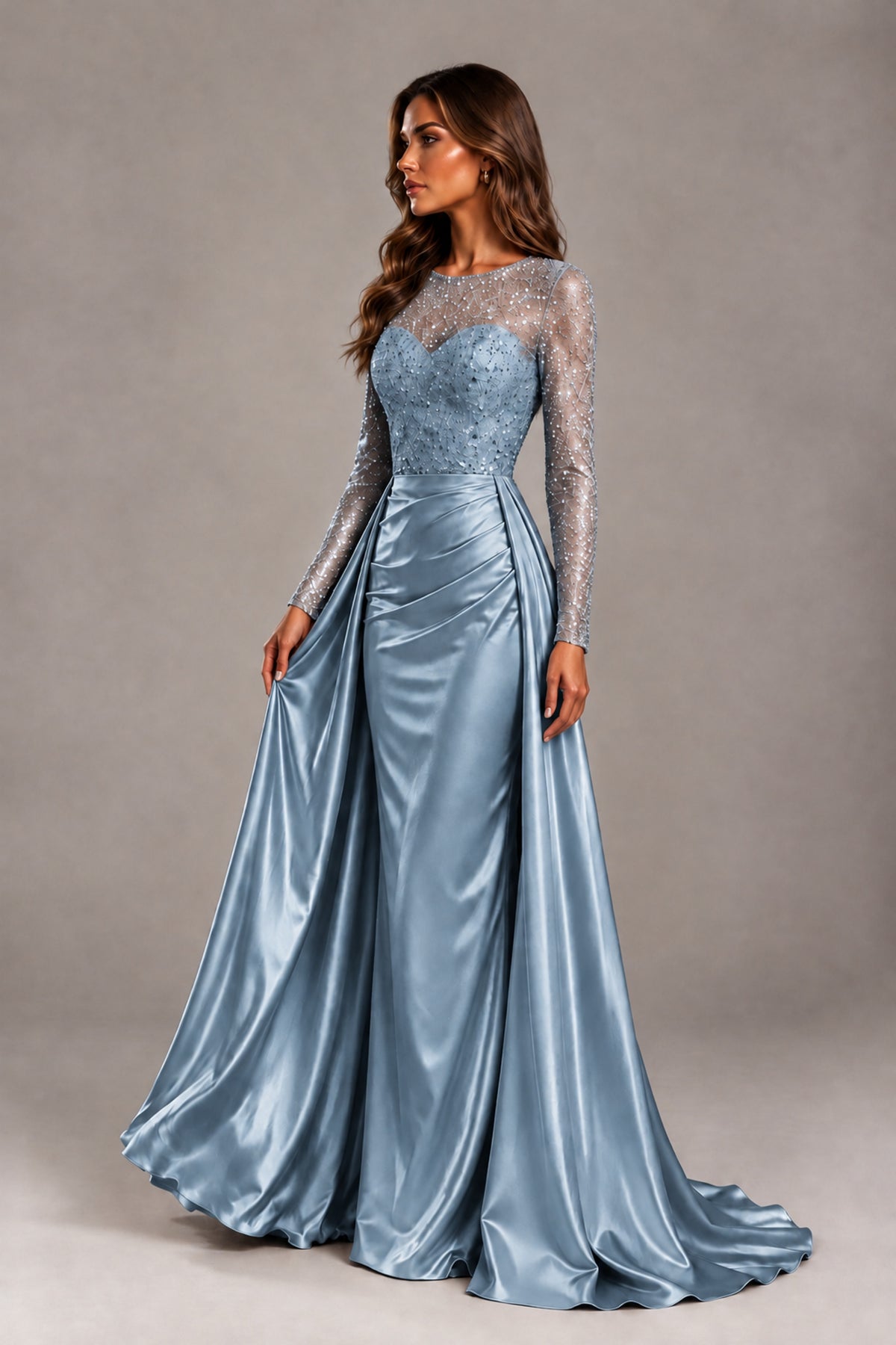 BOLODOO Dusty Blue Long Sleeve Embellished Satin Evening Gown with Sweep Train - Dusty Blue - Dusty Blue_3