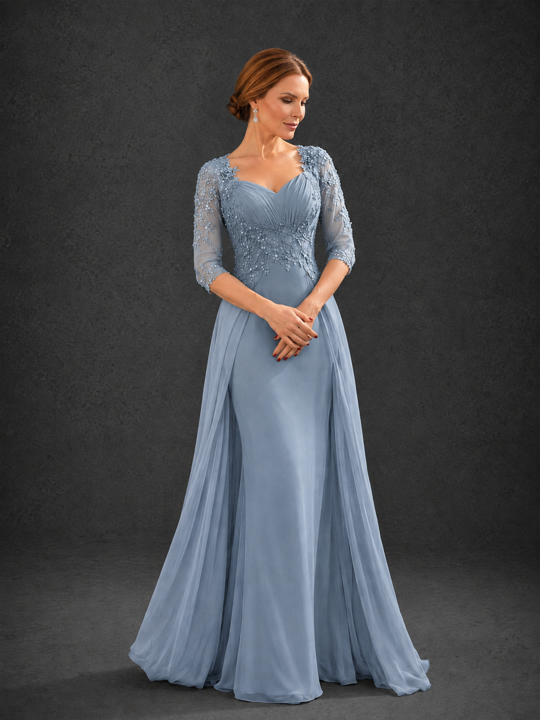 BOLODOO Dusty Blue Sweetheart Neck 3/4 Sleeve Floral Lace Illusion Bodice Chiffon A-Line Gown - Dusty Blue