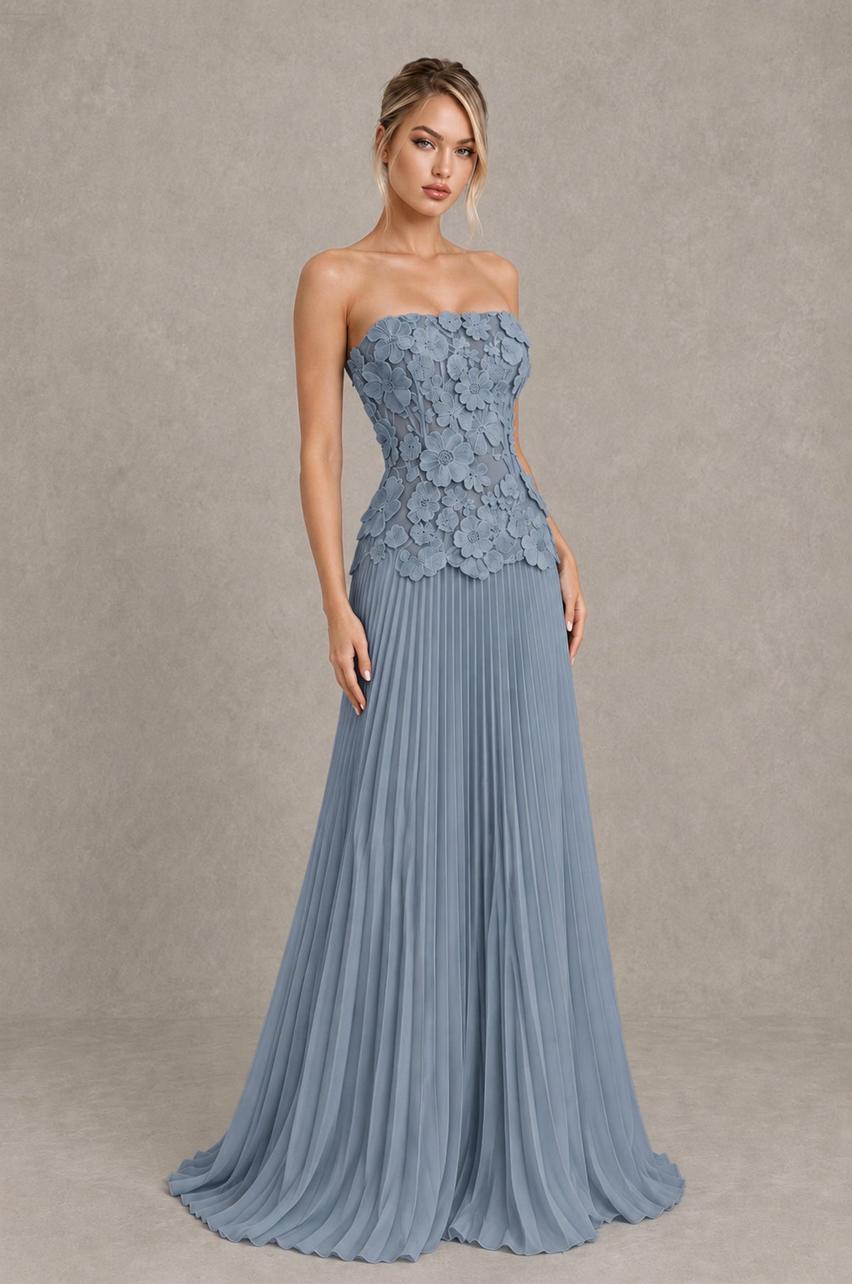 BOLODOO Dusty Blue Strapless Floral Applique Pleated Evening Dress - Dusty Blue - Dusty Blue_3