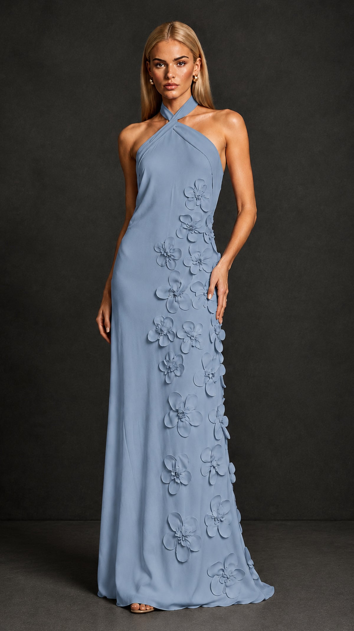 BOLODOO Dusty Blue Cross Halter Neck 3D Floral Appliqué Backless Mermaid Maxi Gown - Dusty Blue