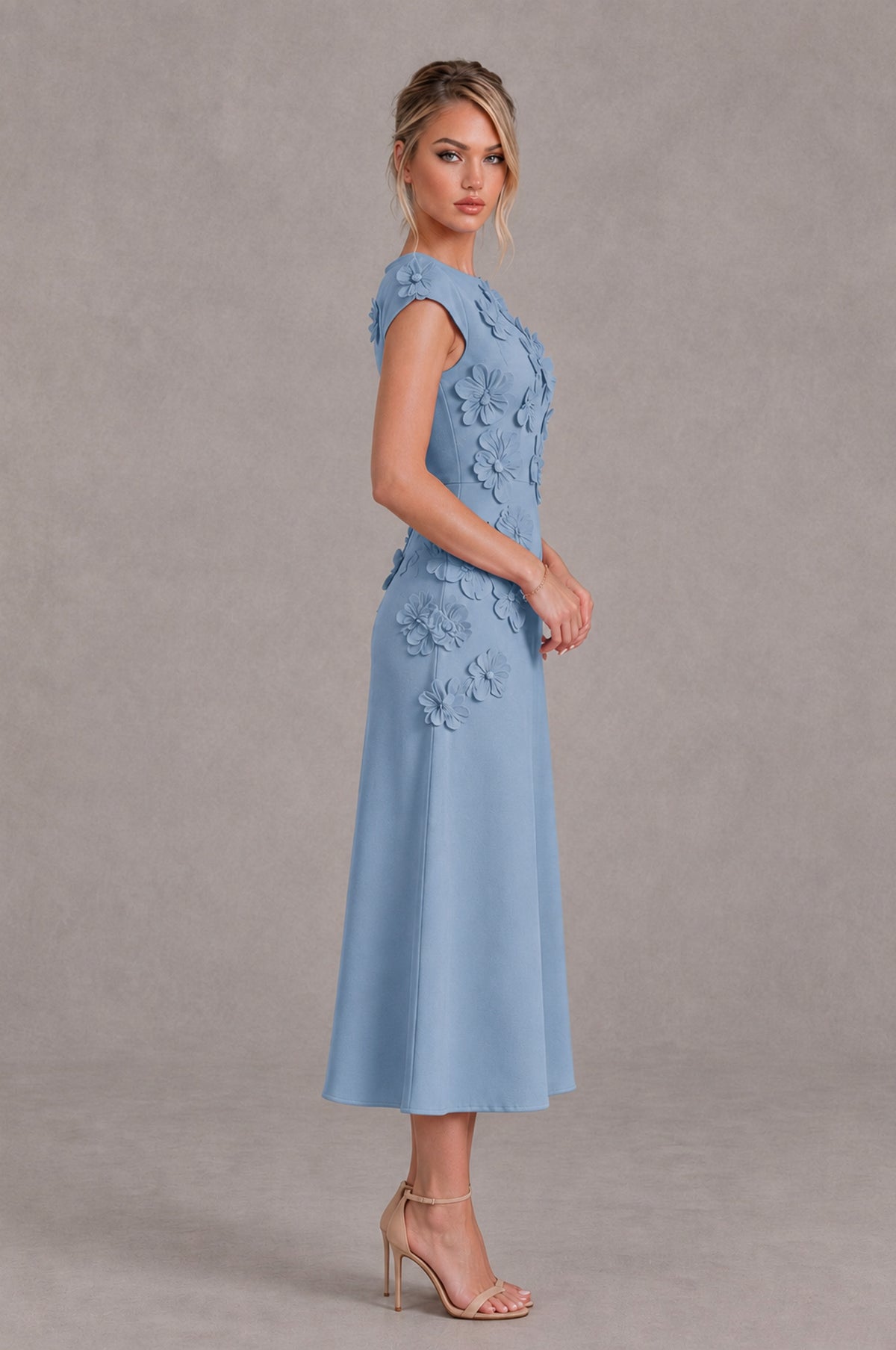 BOLODOO Dusty Blue 3D Floral Cap Sleeve Midi Cocktail Dress - Dusty Blue - Dusty Blue_3