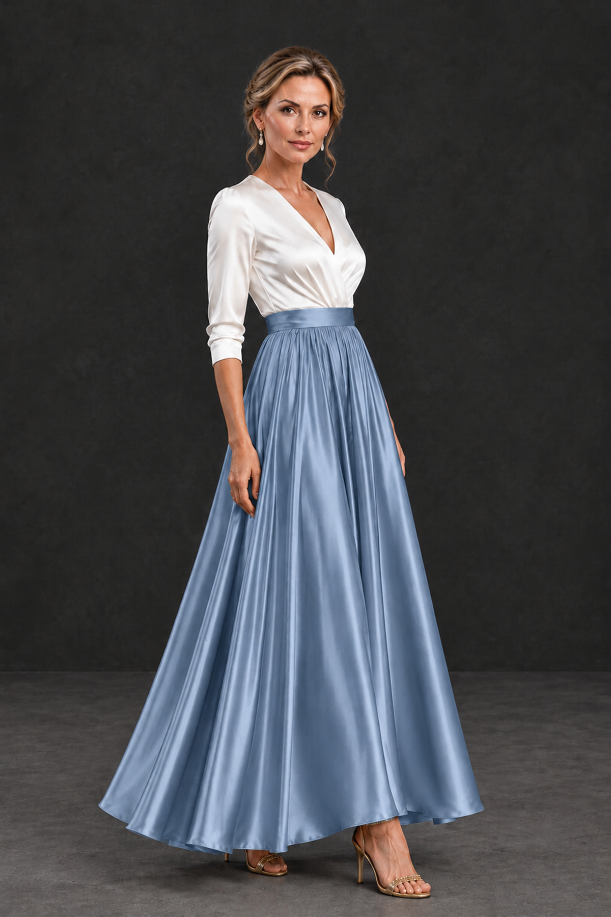 BOLODOO Dusty Blue and White V-Neck A-Line Mother of the Bride Dress - Dusty Blue - Dusty Blue_3