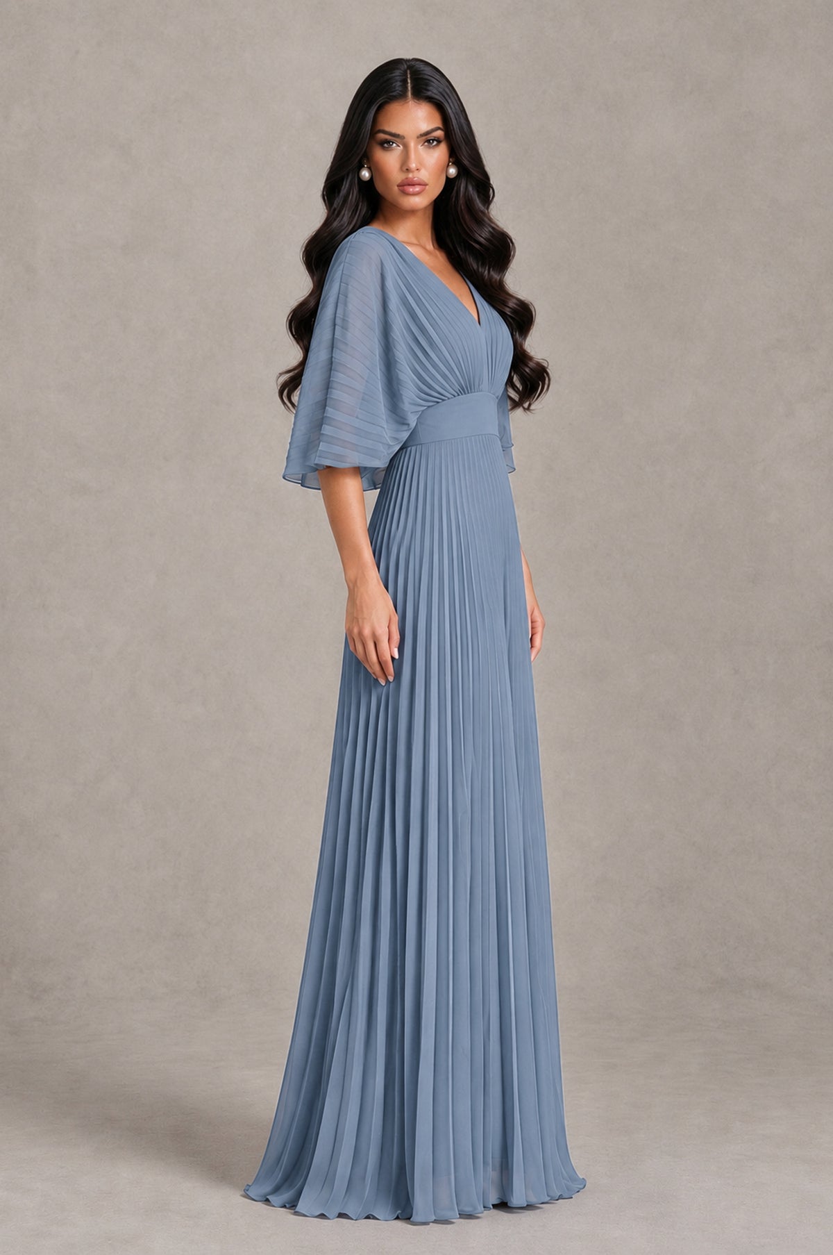BOLODOO Dusty Blue V-Neck Pleated Flutter Sleeve Formal Dress - Dusty Blue - Dusty Blue_3