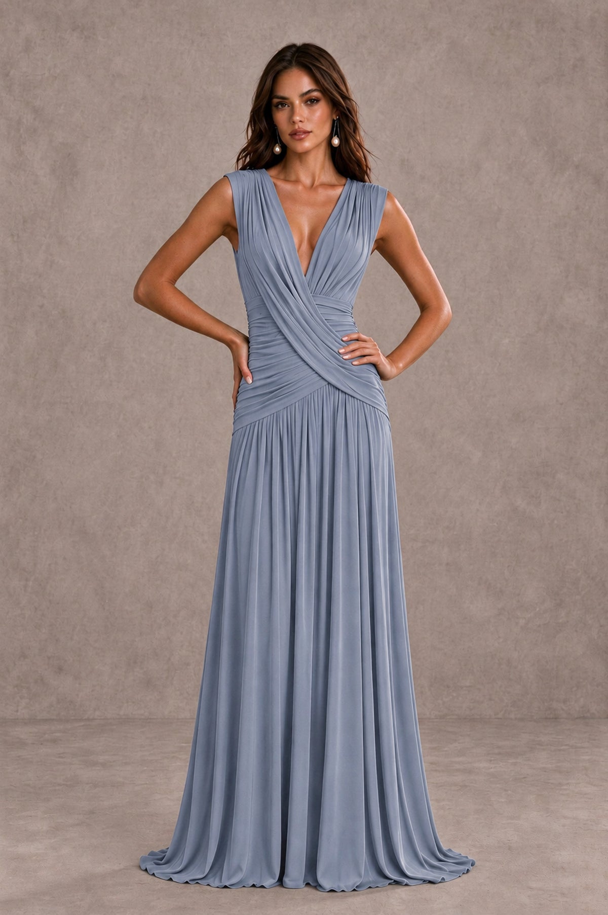 BOLODOO Dusty Blue V-Neck Ruched Wedding Guest Dress - Dusty Blue - Dusty Blue_3