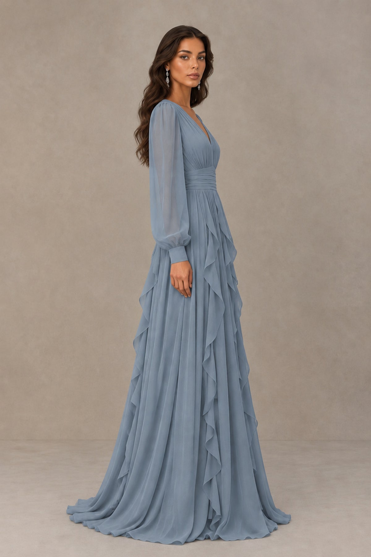 BOLODOO Dusty Blue Long Sleeve V-Neck Ruffle Maxi Dress - Dusty Blue