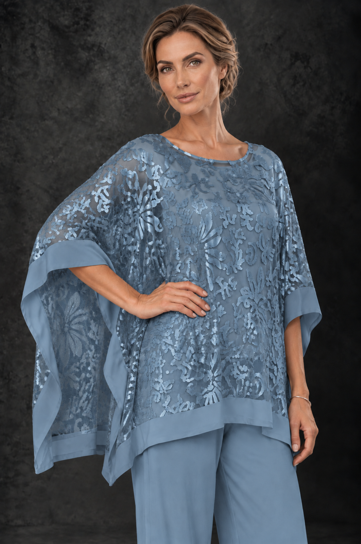 BOLODOO Dusty Blue Floral Cape Mother of the Bride Pant Suit - Dusty Blue - Dusty_Blue_3