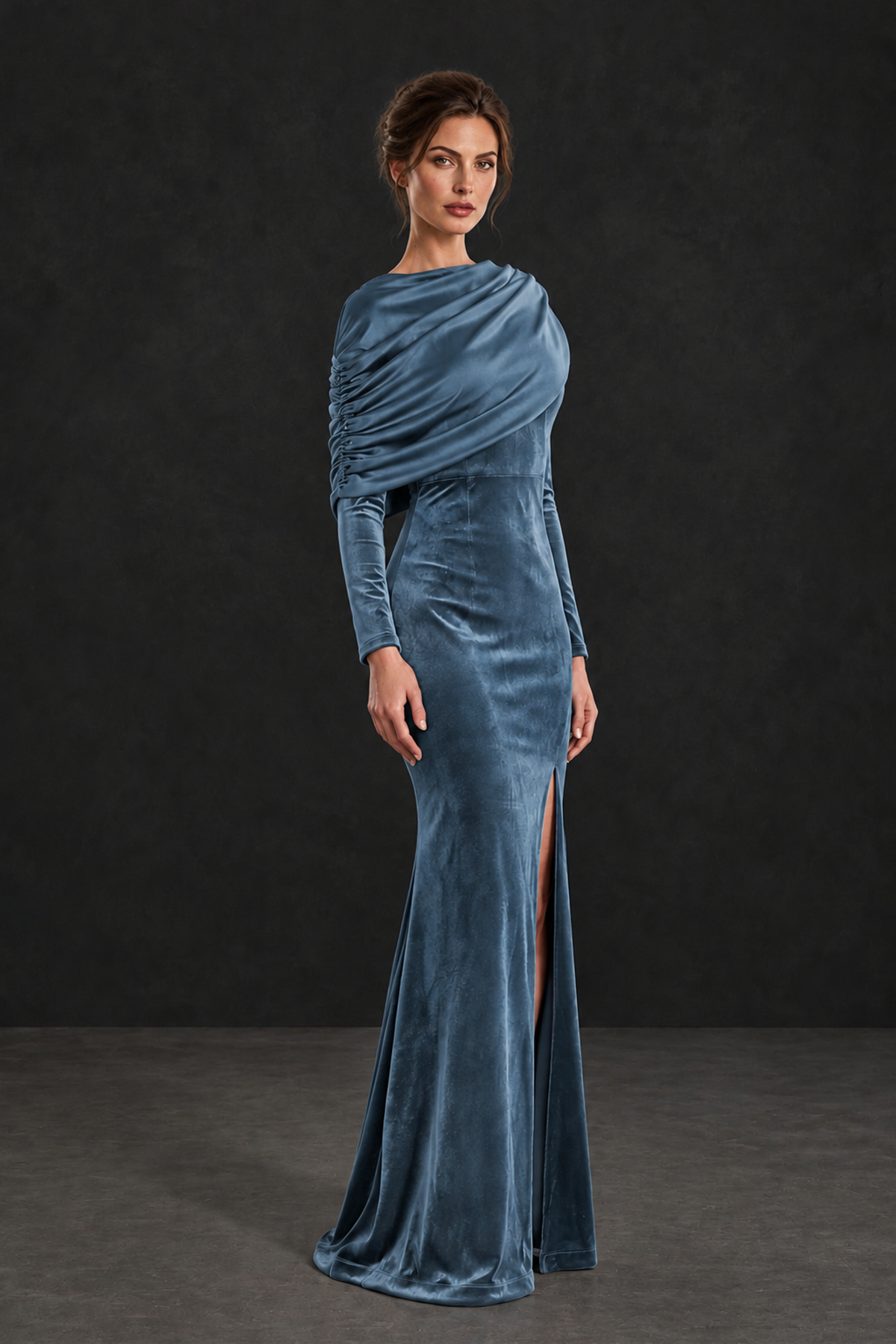 BOLODOO Dusty Blue Velvet Long Sleeve Draped Mother of the Bride Dress - Dusty Blue - Dusty_Blue_3