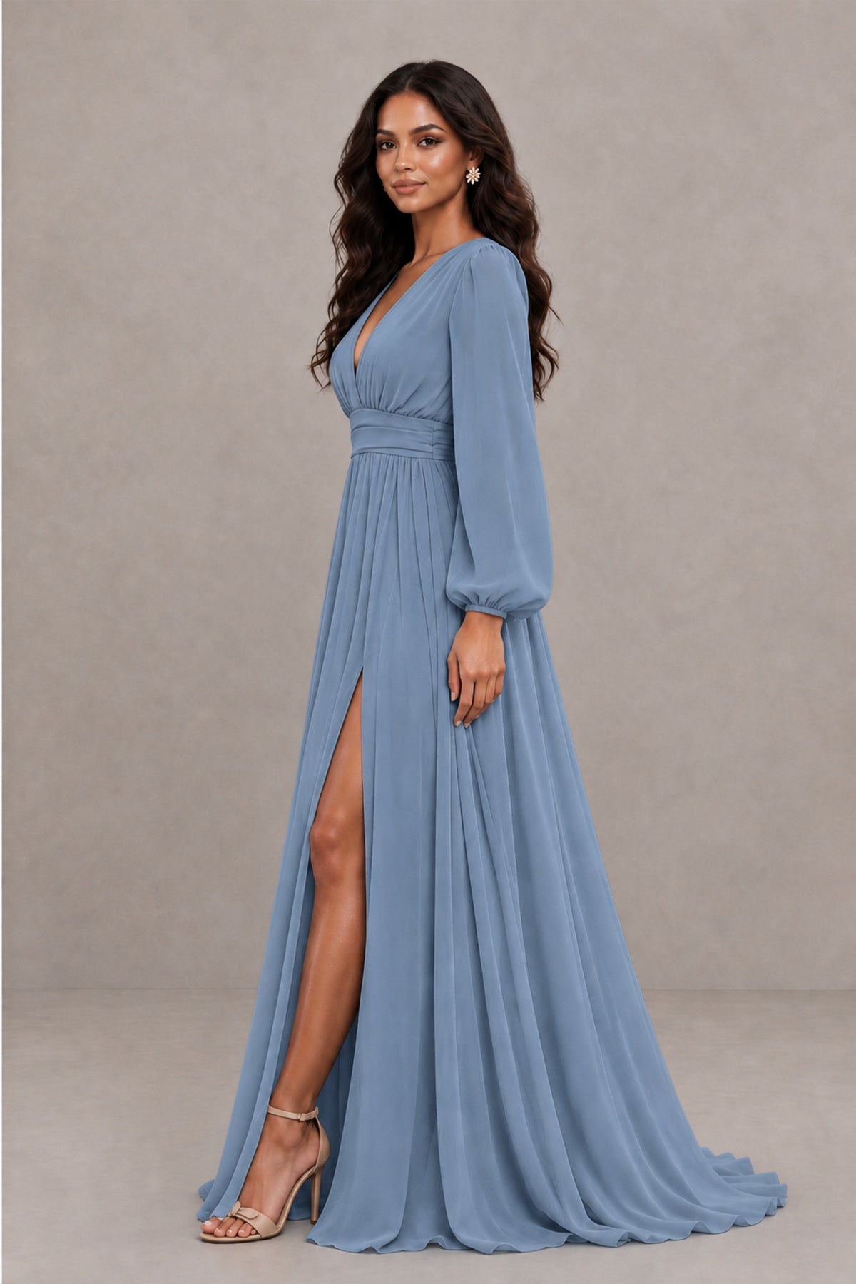 BOLODOO Dusty Blue Long Sleeve V-Neck A-Line Gown with Open Back & Slit - Dusty Blue - Dusty Blue_3