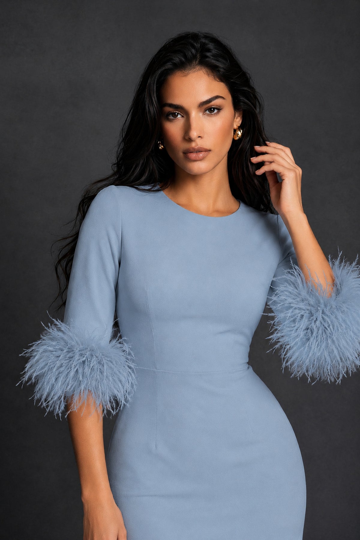 BOLODOO Dusty Blue Ostrich Feather Cuff 3/4 Sleeve Round Neck Bodycon Midi Dress with Back Slit - Dusty Blue