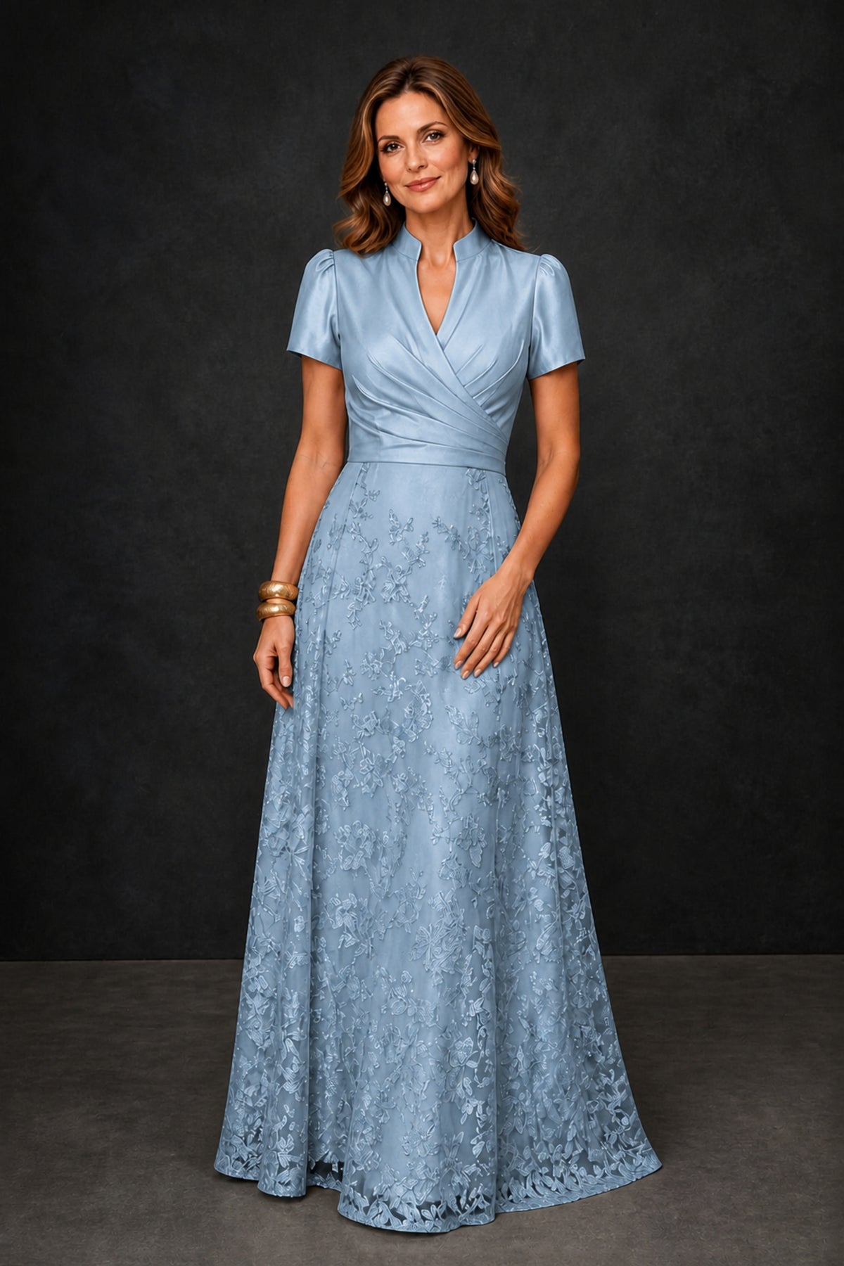 BOLODOO Dusty Blue Satin Wrap V-Neck Short Sleeve Lace Glitter A-Line Floor Length Evening Gown – Formal Dress - Dusty Blue