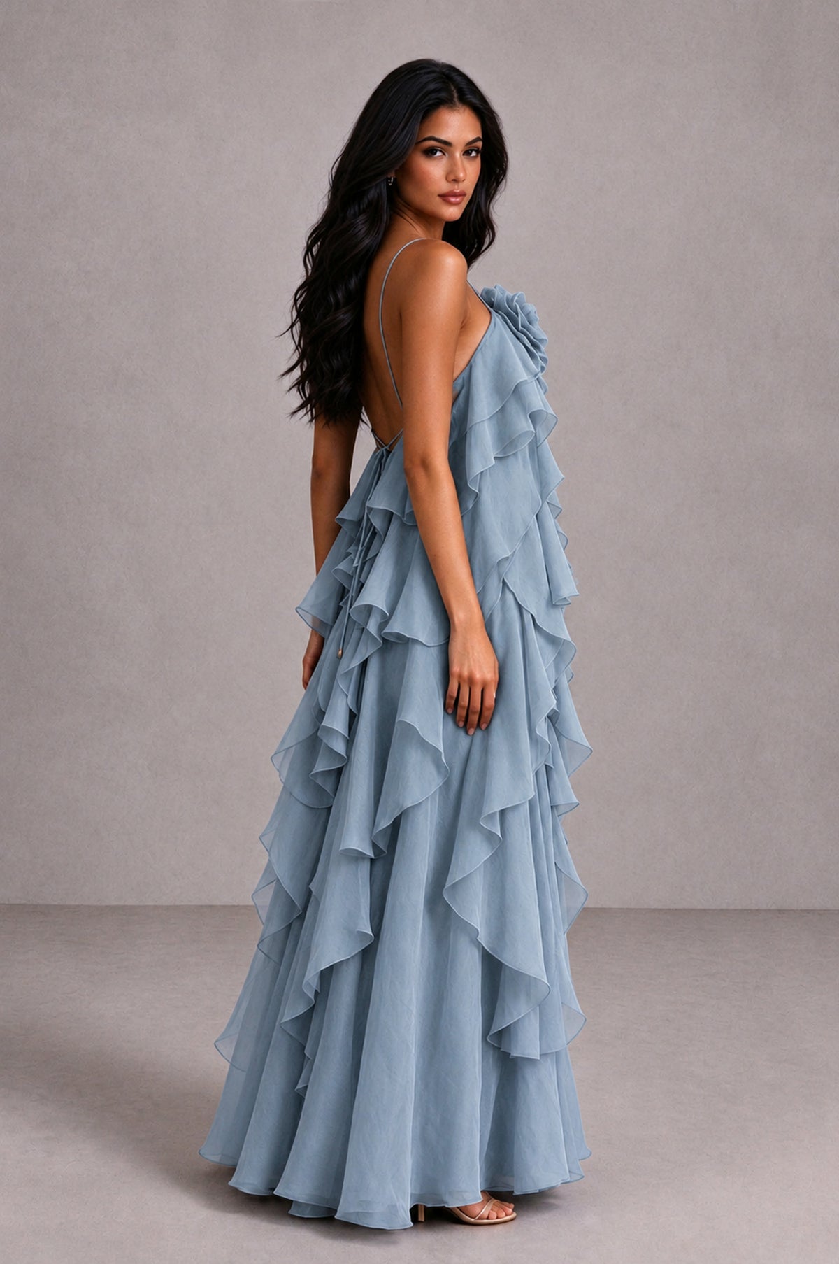 BOLODOO Dusty Blue Cascading Ruffle Rosette Open-Back Maxi Dress - Dusty Blue - Dusty Blue_3