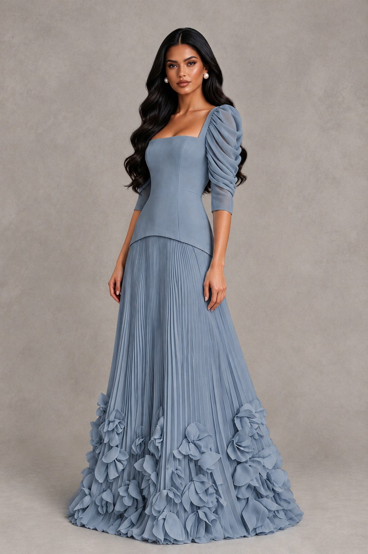 BOLODOO Dusty Blue Square Neck Pleated Floral Applique Evening Dress - Dusty Blue - Dusty Blue_3