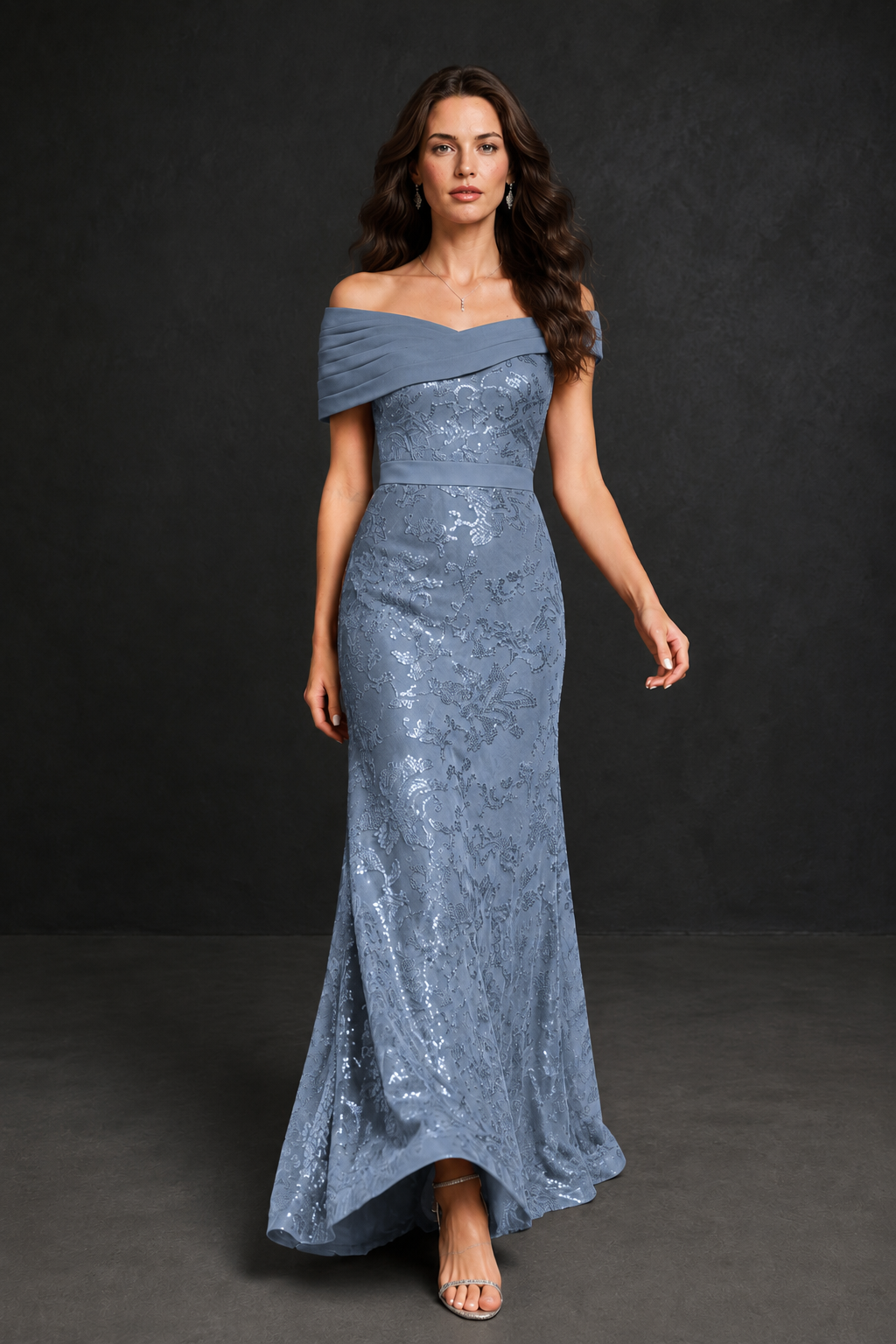 BOLODOO Dusty Blue Off-Shoulder Sequin Lace Mermaid Evening Gown | Mother of the Bride Formal Dress - Dusty Blue