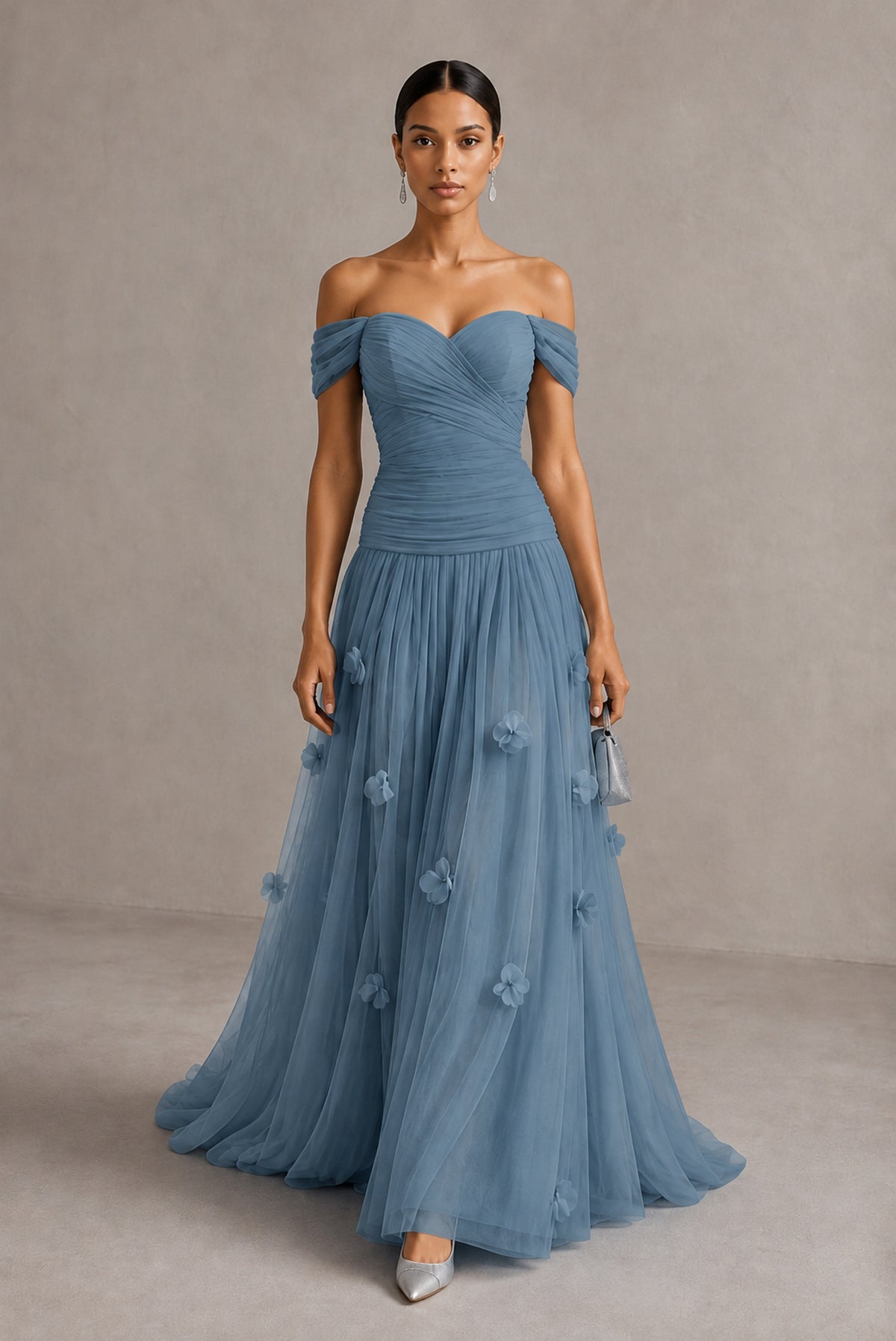 Dusty Blue Off-Shoulder Sweetheart A-Line Tulle Gown with 3D Floral Appliques | BOLODOO - Dusty Blue