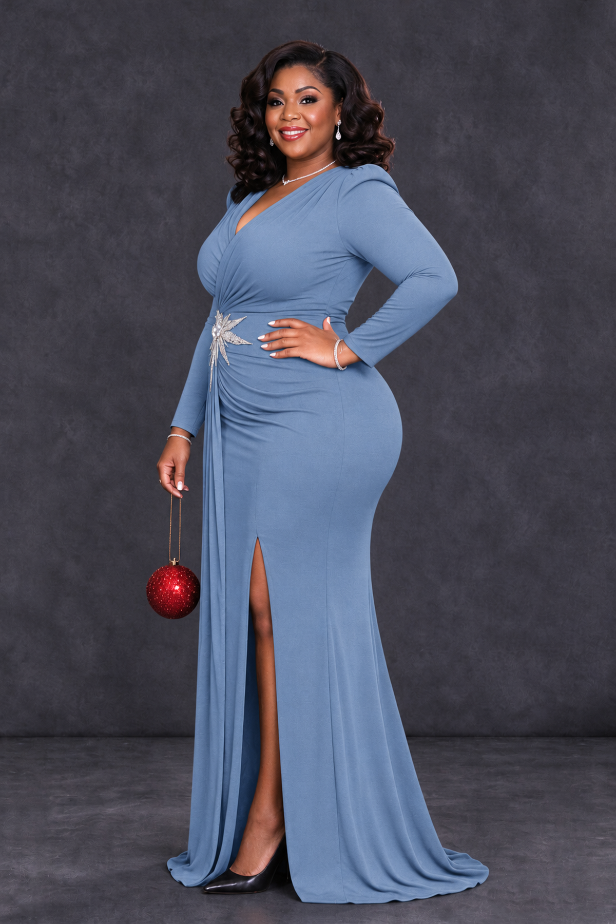 BOLODOO Dusty Blue Plus Size Long Sleeve V-Neck Mother of the Bride Dress with Slit - Dusty Blue - Dusty Blue_3