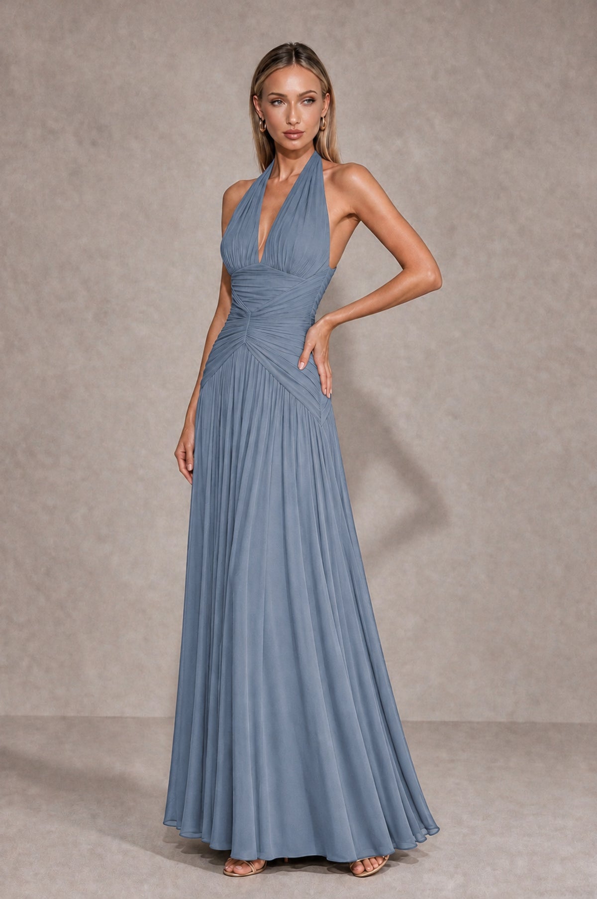 BOLODOO Dusty Blue Chiffon Halter Deep V-Neck Ruched A-Line Backless Maxi Dress with Train-BD0167 - Dusty Blue - Dusty Blue_3
