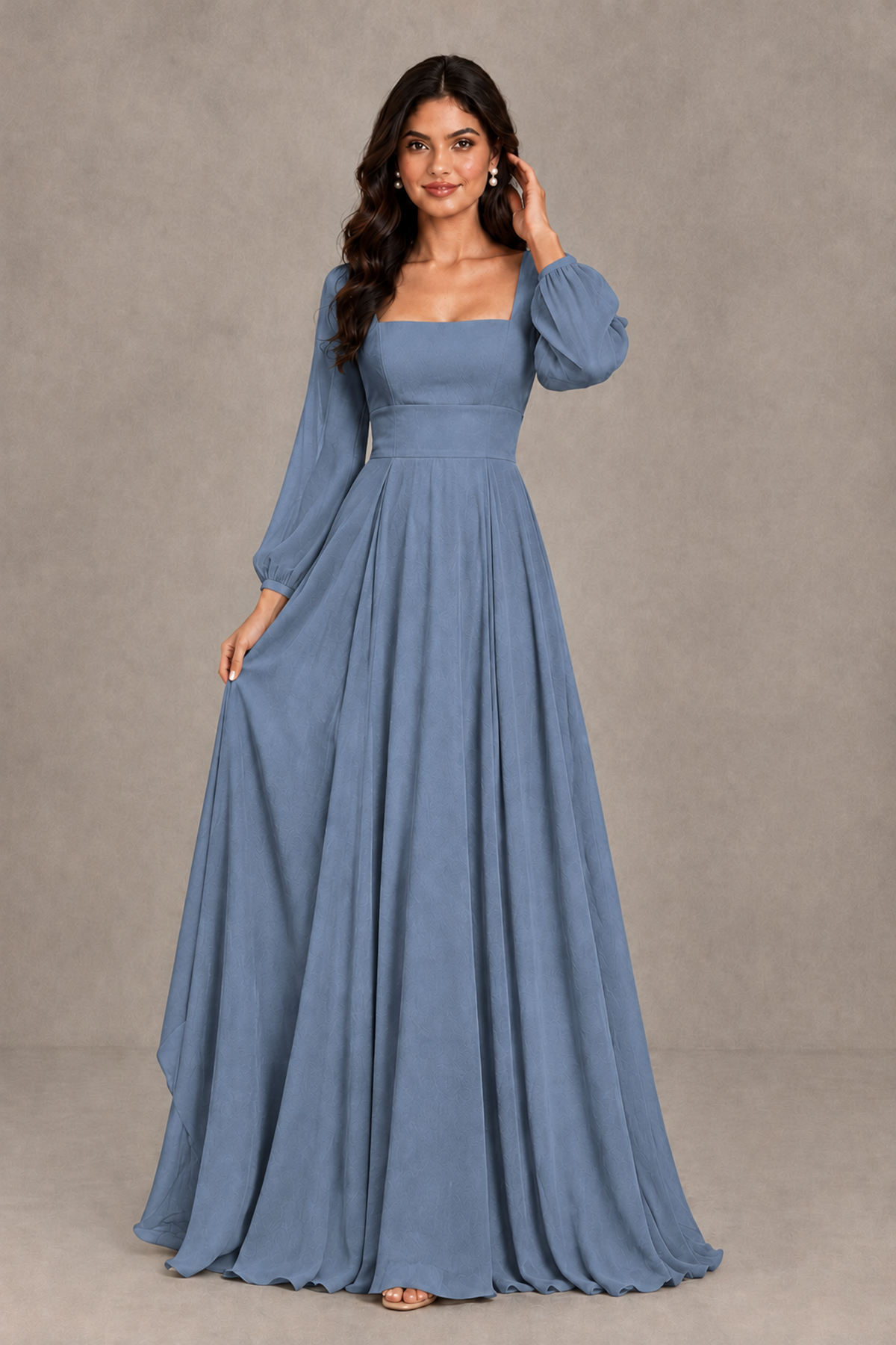BOLODOO Dusty Blue Square Neck Long Sleeve A-Line Bridesmaid Dress - Dusty Blue - Dusty Blue_3